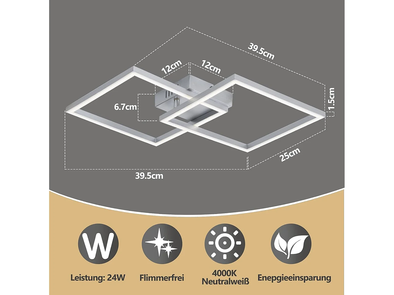 ZMH Plafonnier LED argenté 24W 4000K plafonnier salon carrée moderne lampe de chambre pour couloir bureau