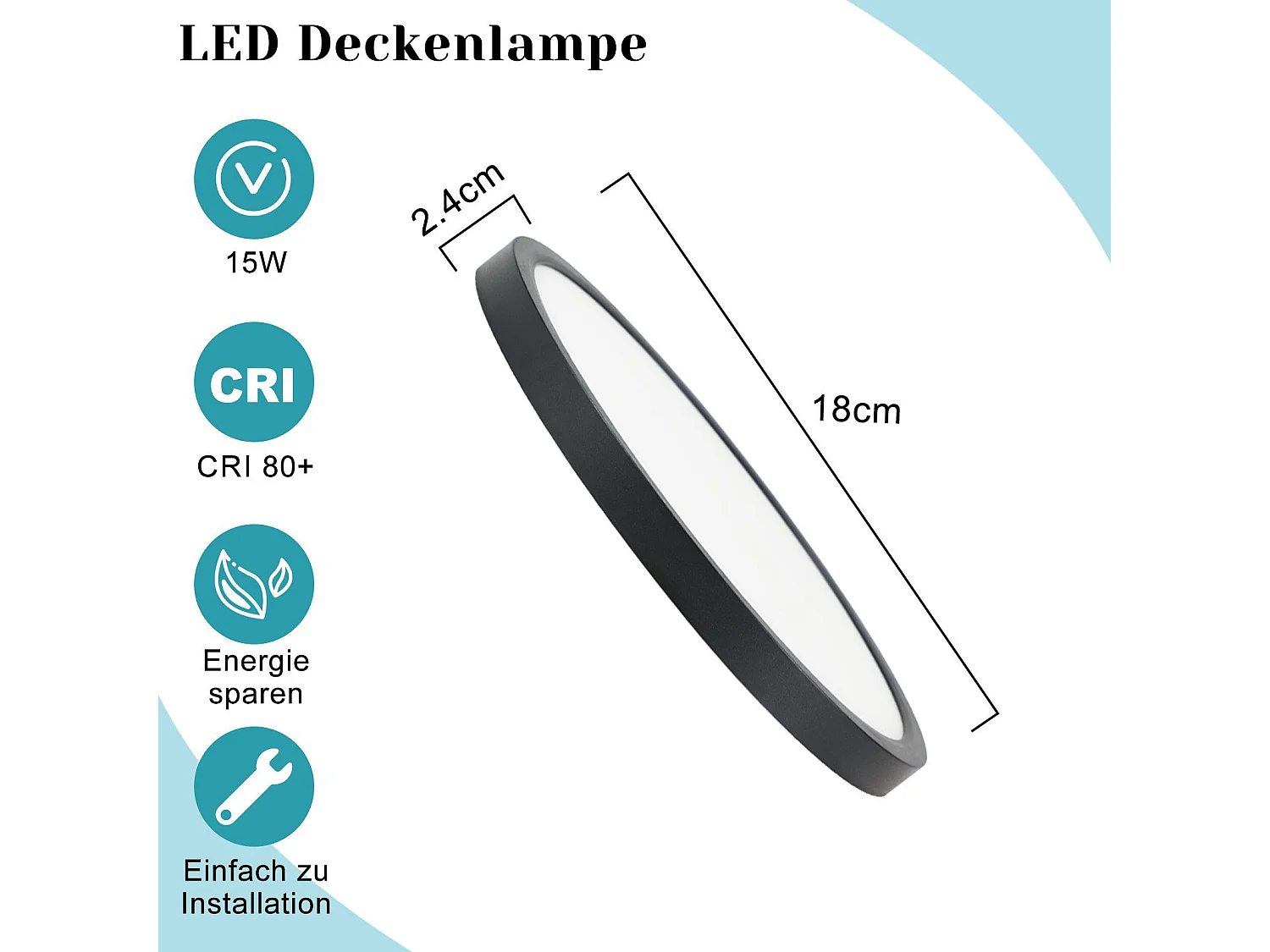 ZMH Plafonnier LED plat 18 cm - 15 W, Noir, 4000 K - Éclairage moderne cuisine, couloir, chambre