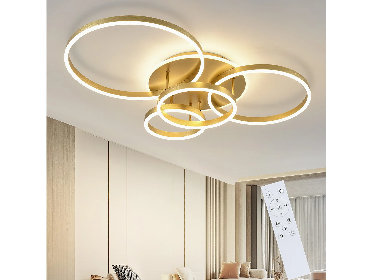 ZMH Plafonnier LED dimmable 90W moderne doré avec télécommande pour chambre salon salle à manger