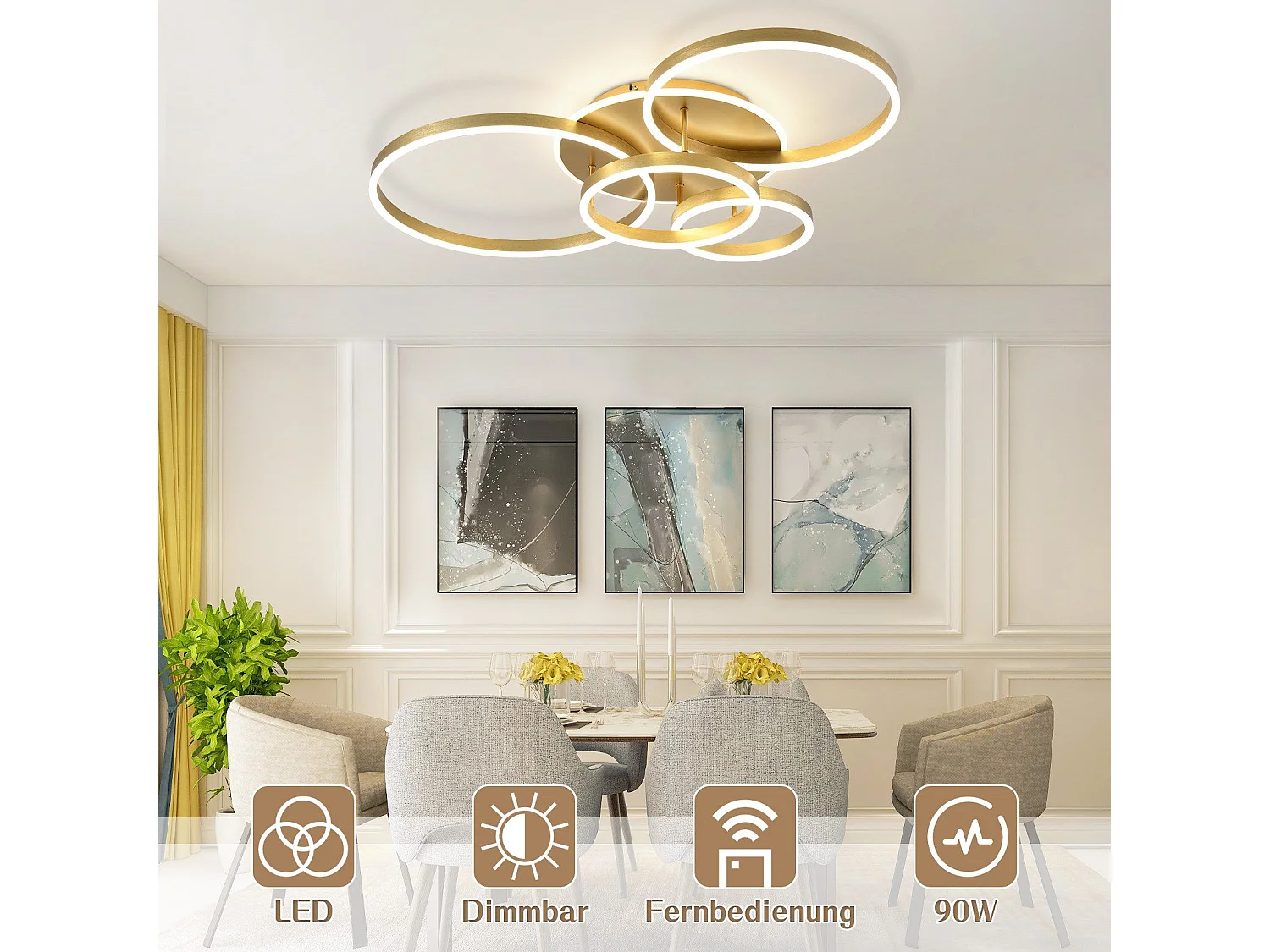 ZMH Plafonnier LED dimmable 90W moderne doré avec télécommande pour chambre salon salle à manger