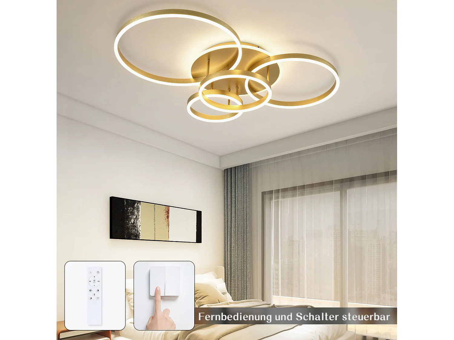 ZMH Plafonnier LED dimmable 90W moderne doré avec télécommande pour chambre salon salle à manger