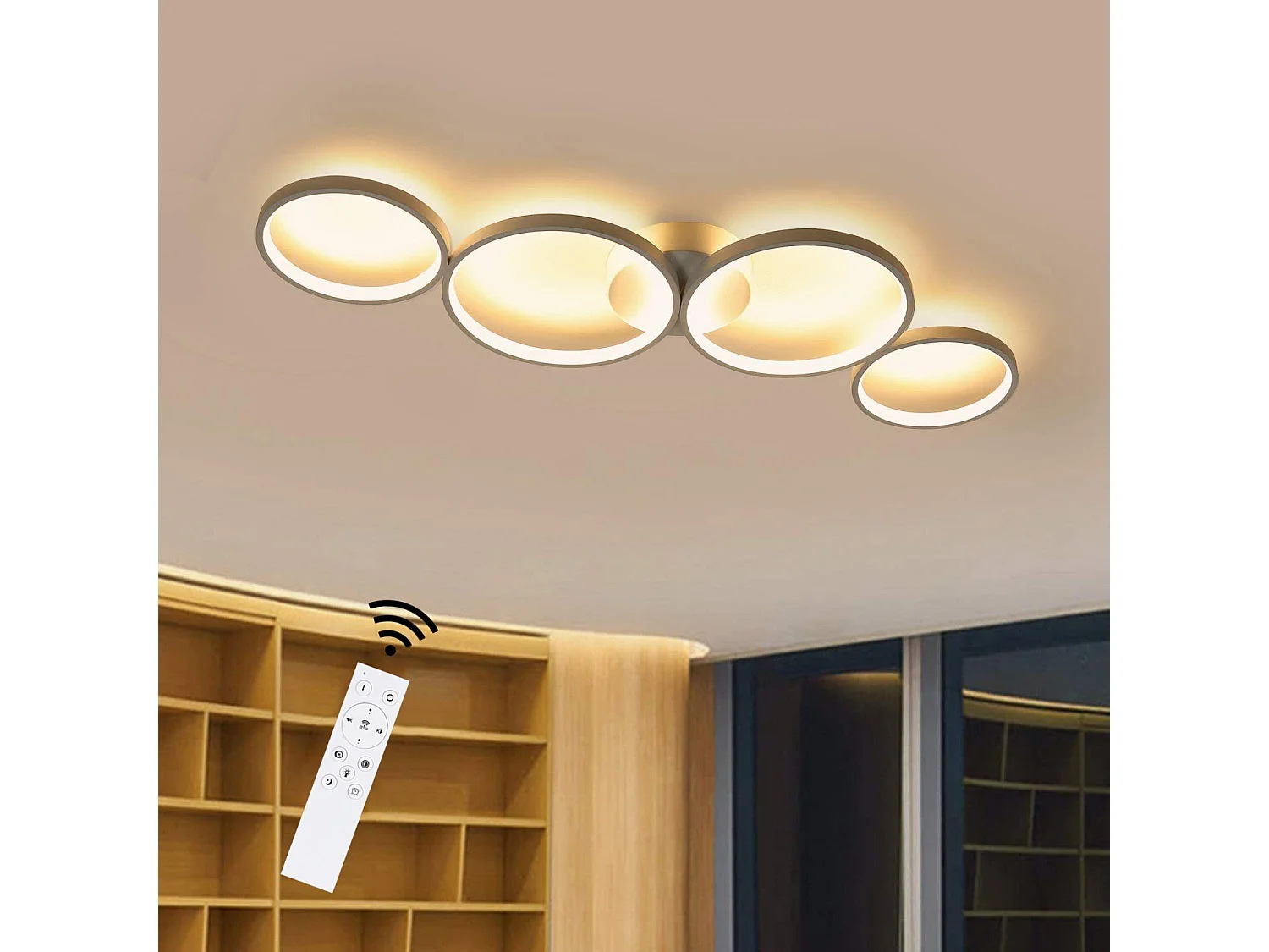 ZMH Plafonnier LED Lampe Chandelier de salon Moderne 4 anneaux de flammes Optique avec télécommande