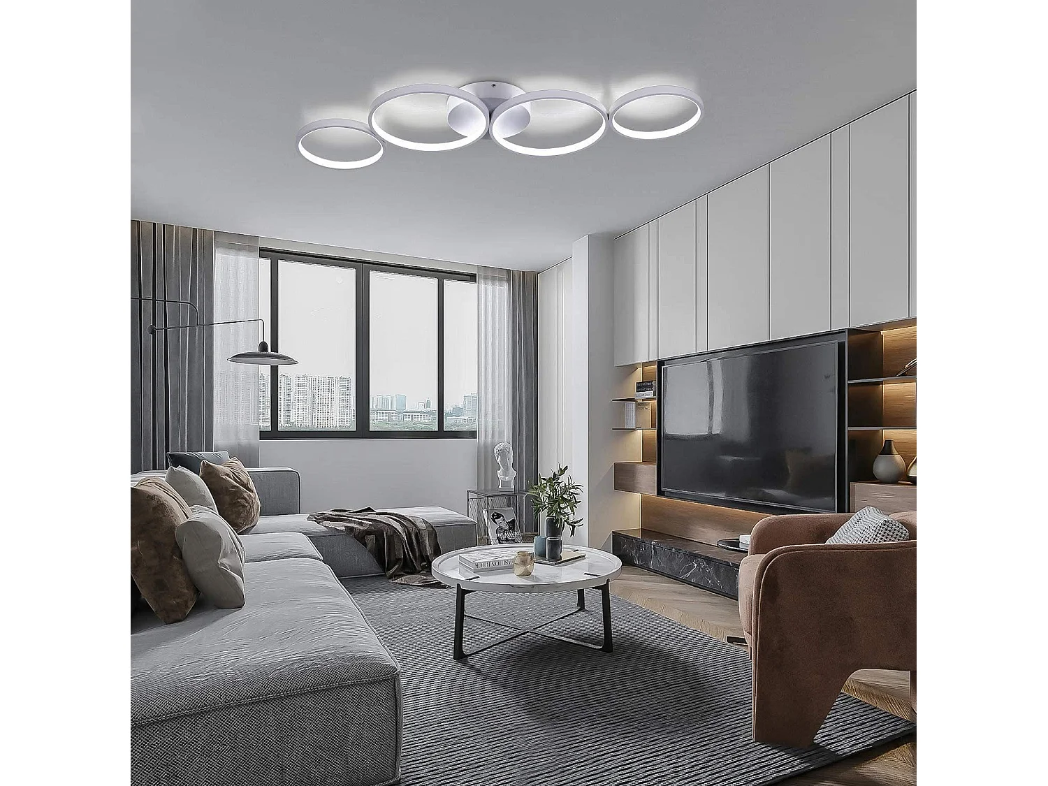 ZMH Plafonnier LED Lampe Chandelier de salon Moderne 4 anneaux de flammes Optique avec télécommande