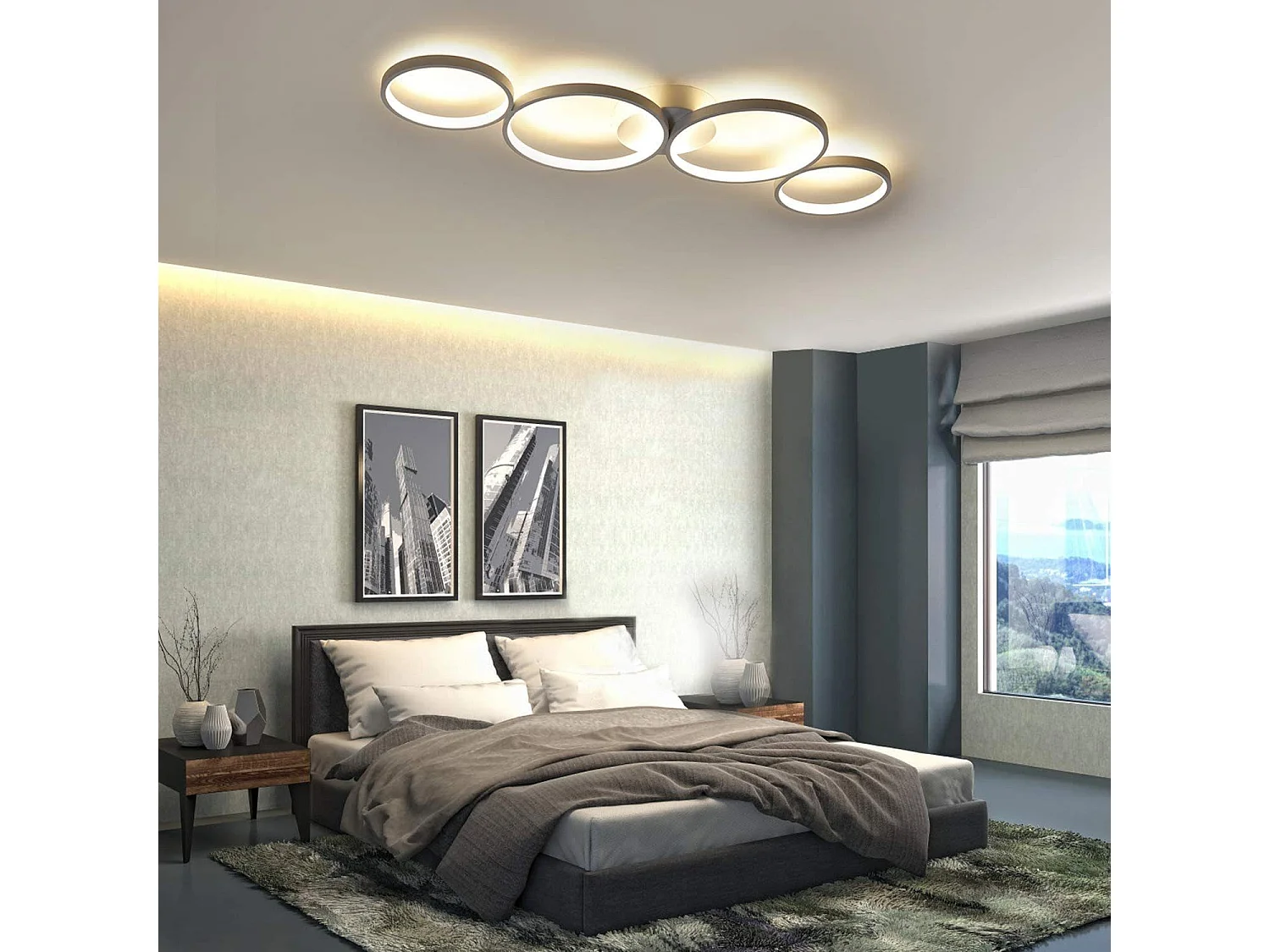 ZMH Plafonnier LED Lampe Chandelier de salon Moderne 4 anneaux de flammes Optique avec télécommande