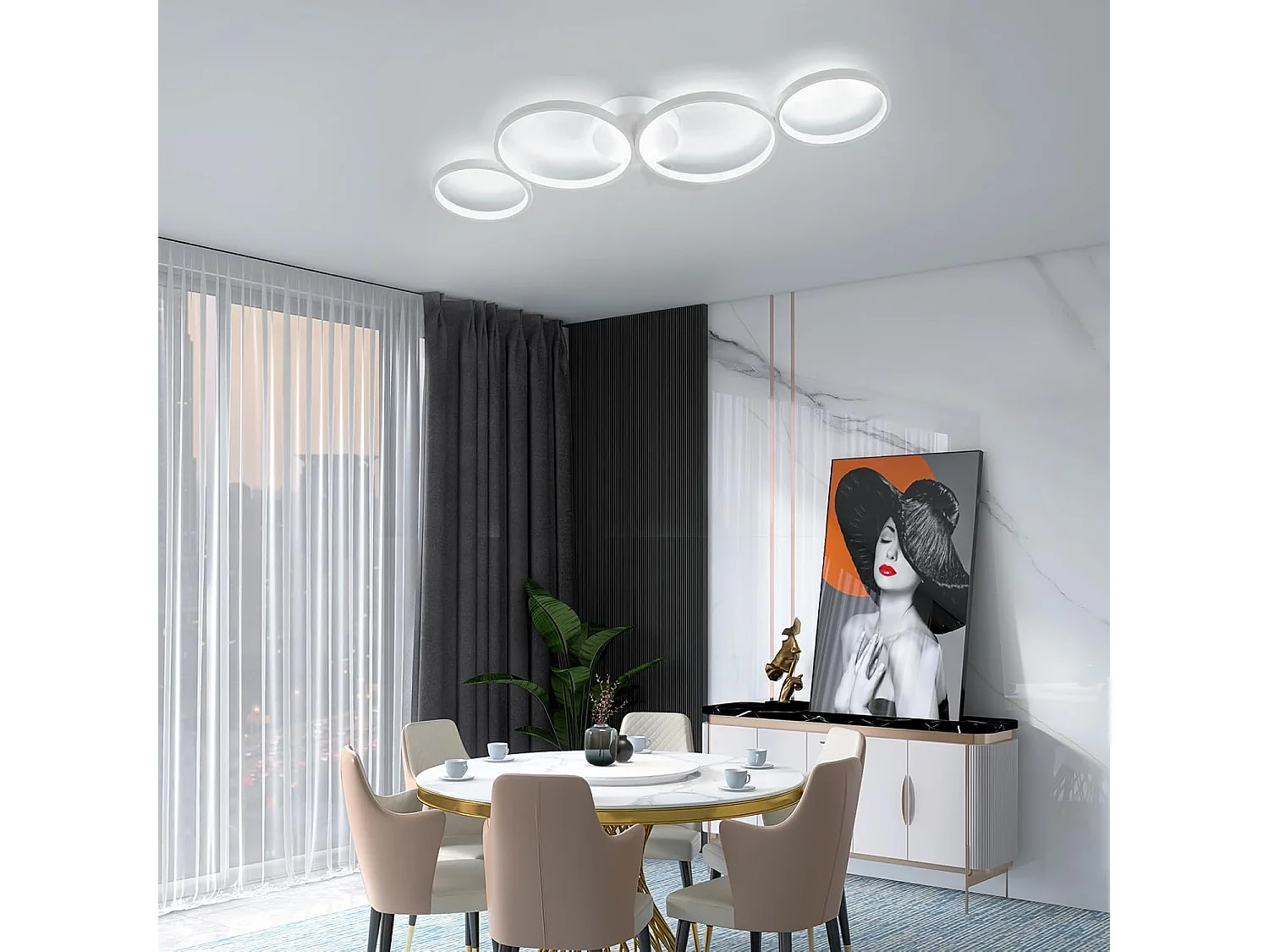 ZMH Plafonnier LED Lampe Chandelier de salon Moderne 4 anneaux de flammes Optique avec télécommande