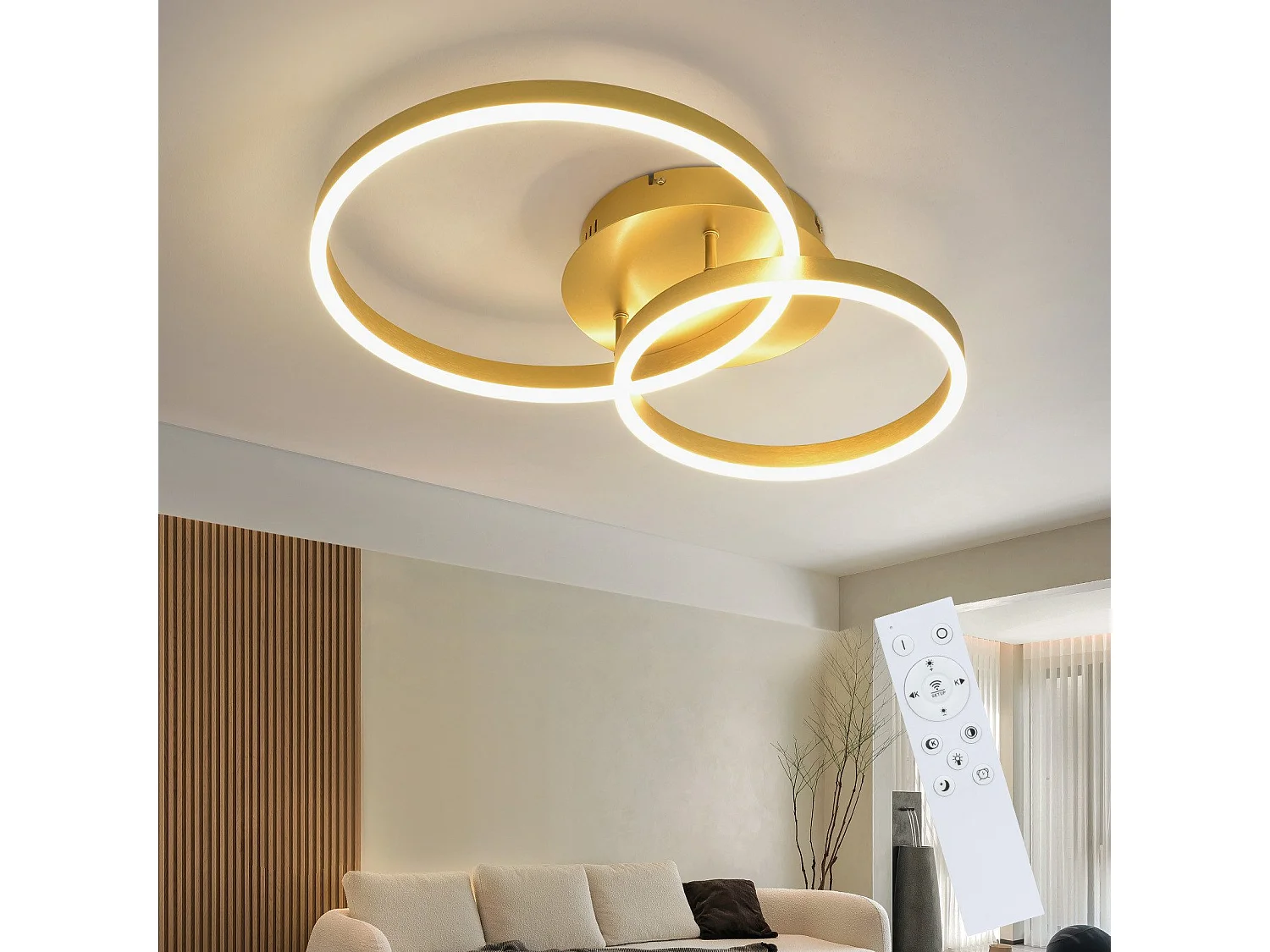 ZMH Plafonnier LED dimmable 46W doré avec télécommande pour chambre salon salle à manger