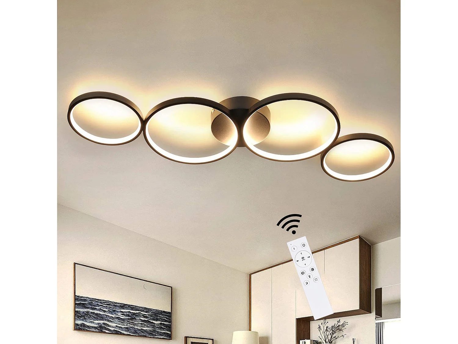 ZMH Plafonnier LED Chandelier de salon Moderne 4 anneaux de flammes Optique avec télécommande