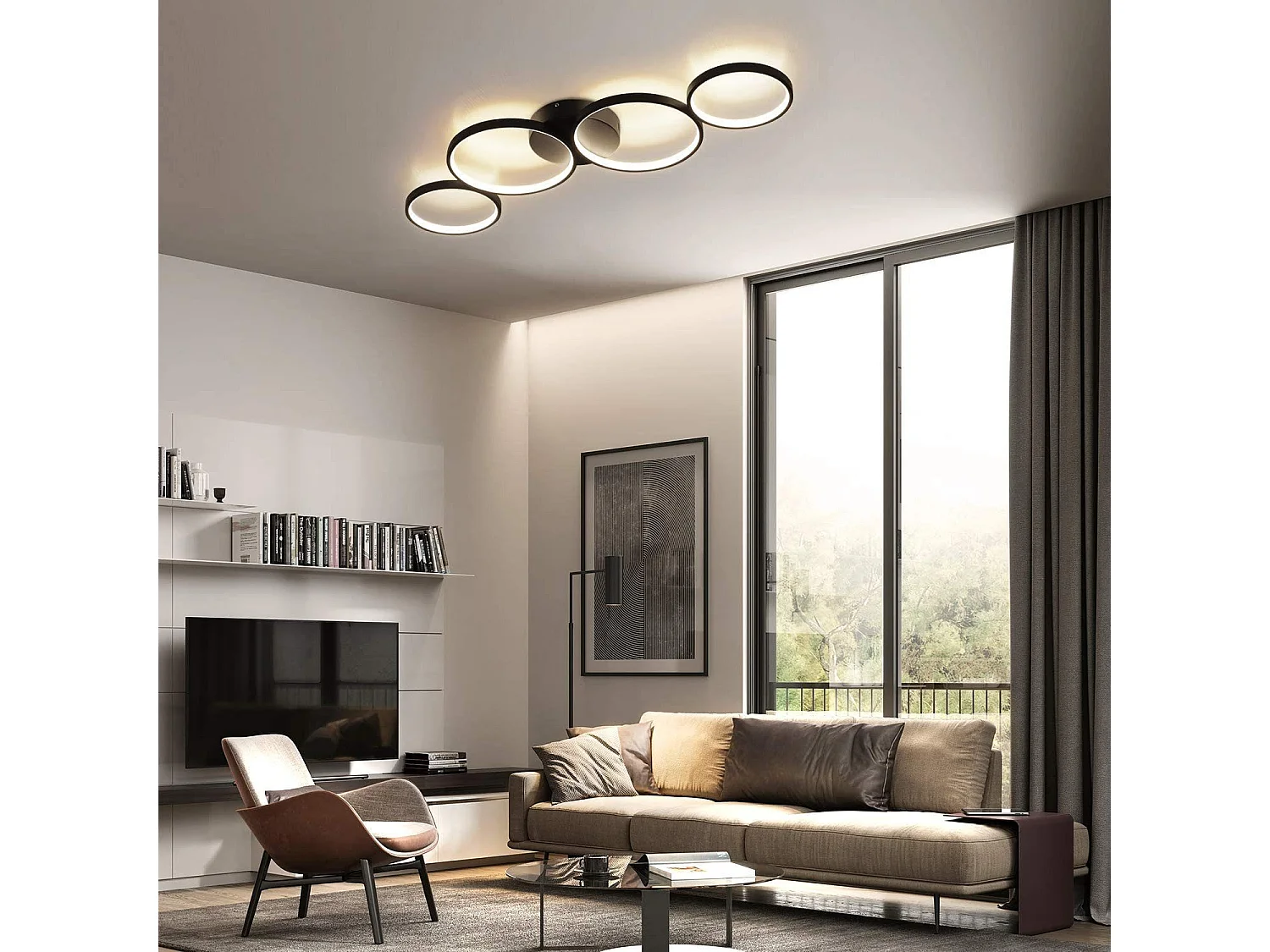 ZMH Plafonnier LED Chandelier de salon Moderne 4 anneaux de flammes Optique avec télécommande