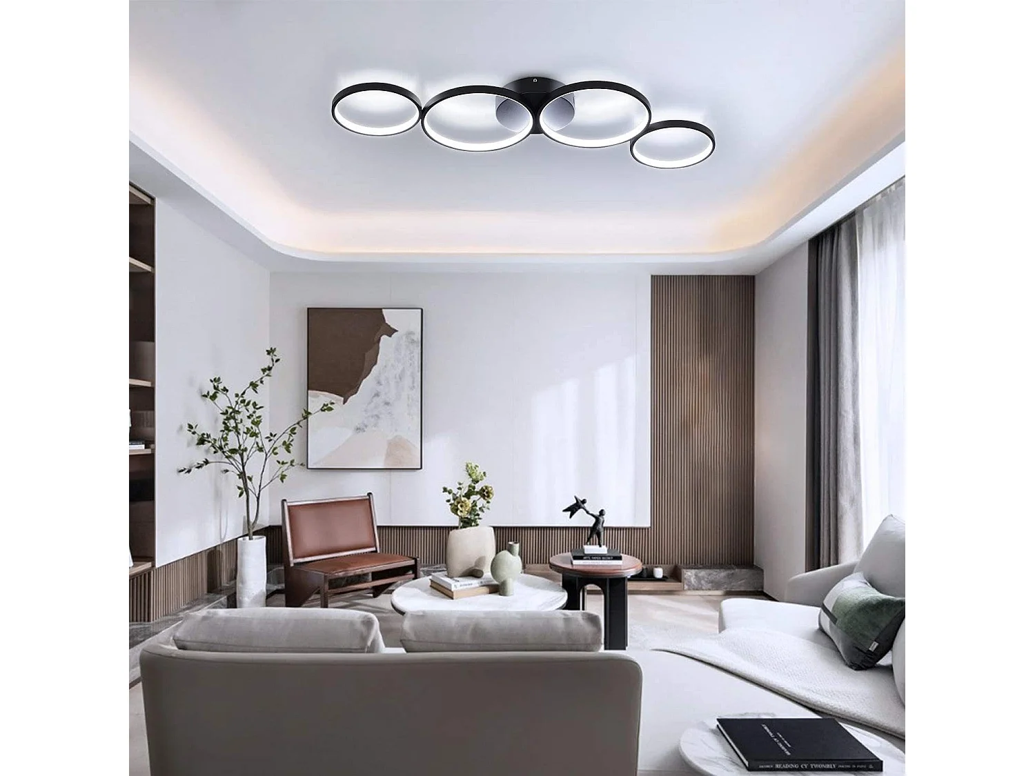 ZMH Plafonnier LED Chandelier de salon Moderne 4 anneaux de flammes Optique avec télécommande