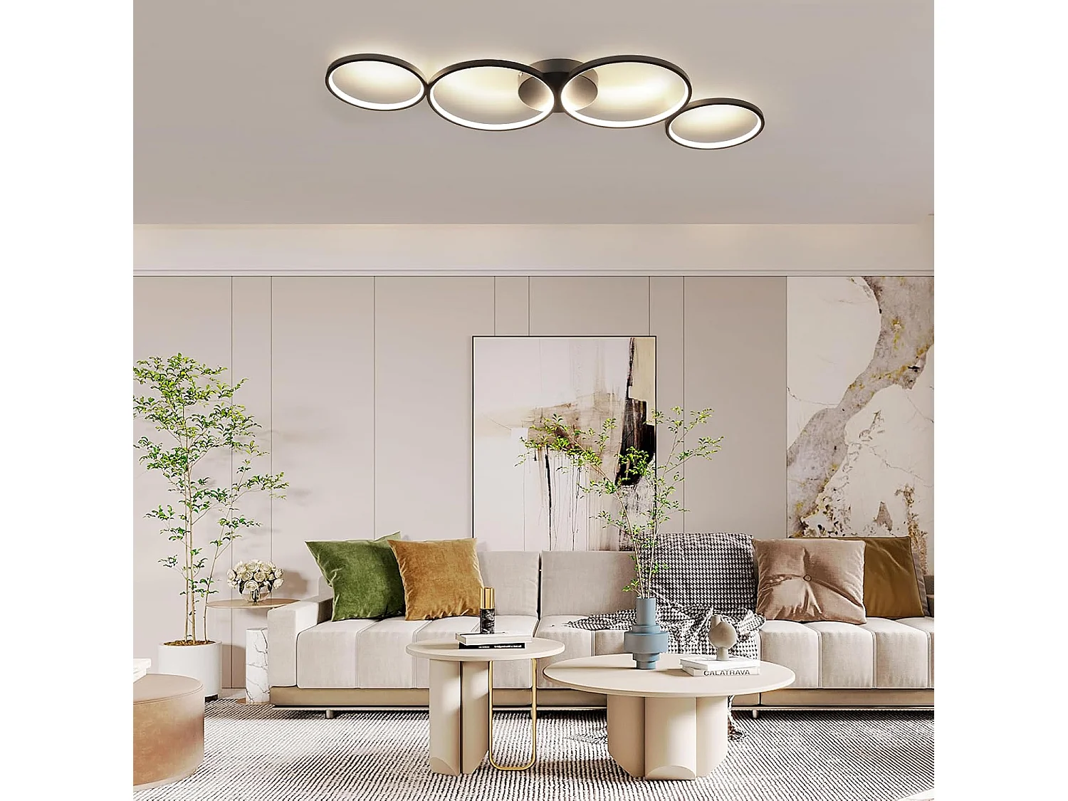 ZMH Plafonnier LED Chandelier de salon Moderne 4 anneaux de flammes Optique avec télécommande