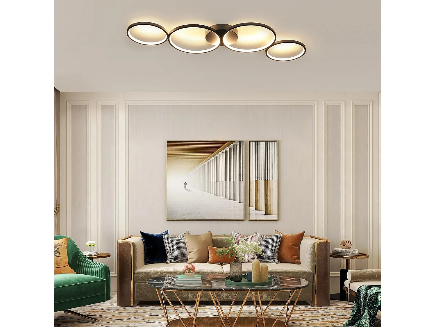 ZMH Plafonnier LED Chandelier de salon Moderne 4 anneaux de flammes Optique avec télécommande