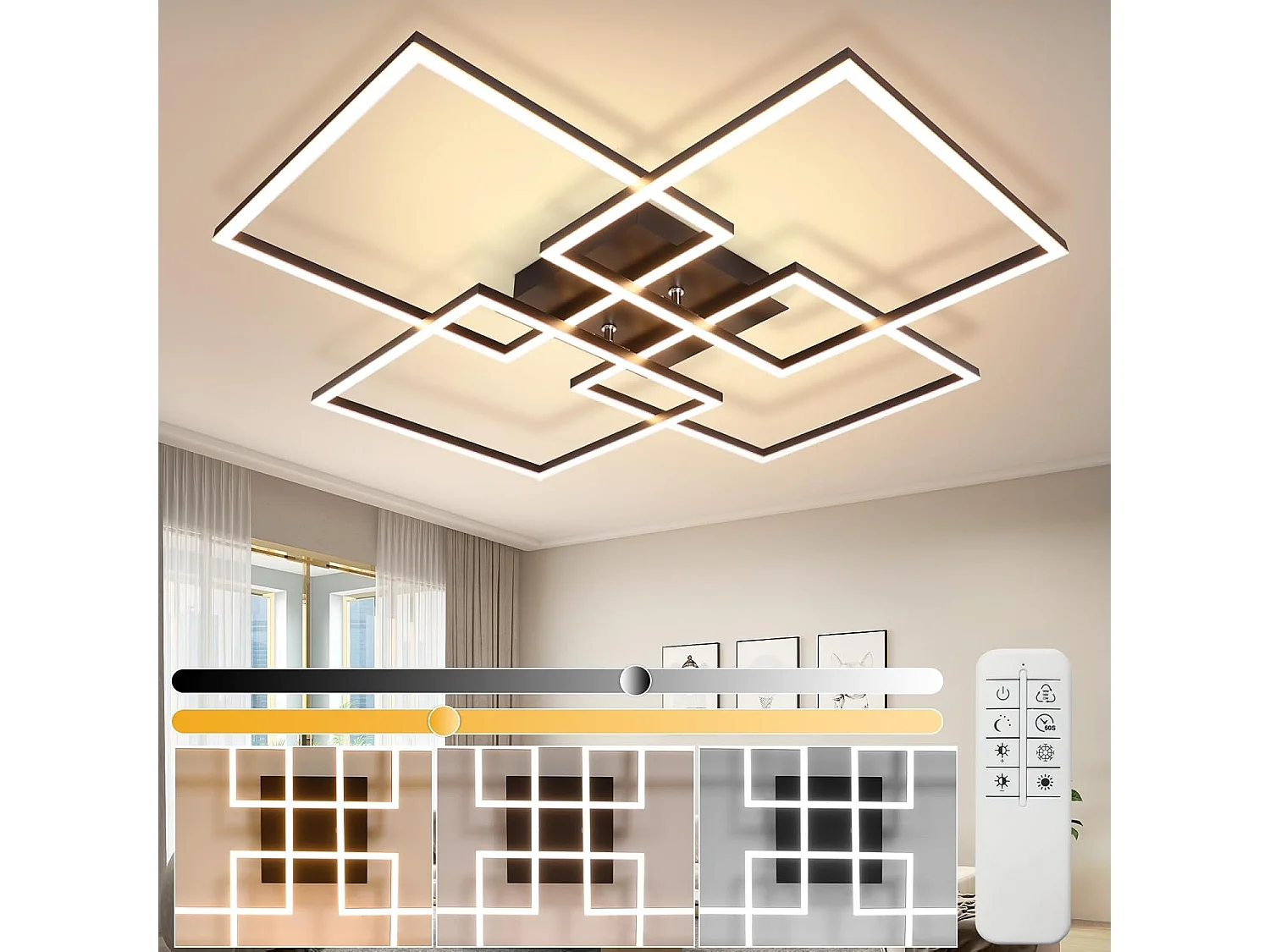 ZMH Plafonnier LED Dimmable Noir 48W Design Moderne avec Télécommande Pour Salon Chambre Cuisine