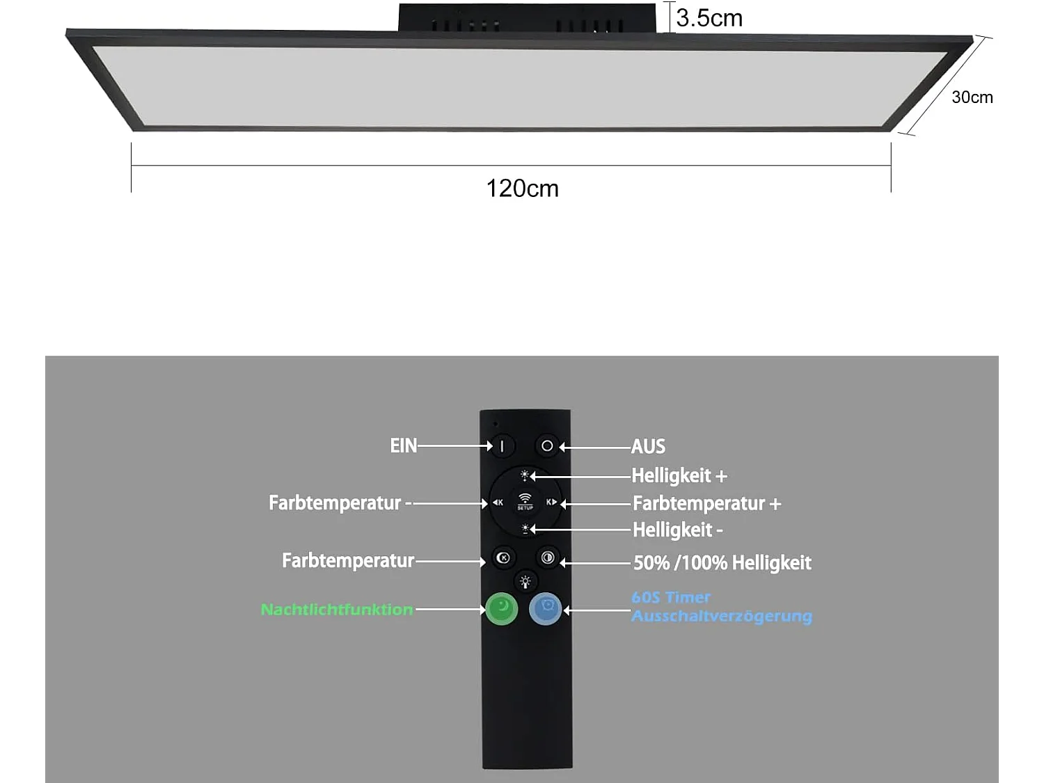 ZMH Plafonnier LED  120 cm à intensité variable avec télécommande