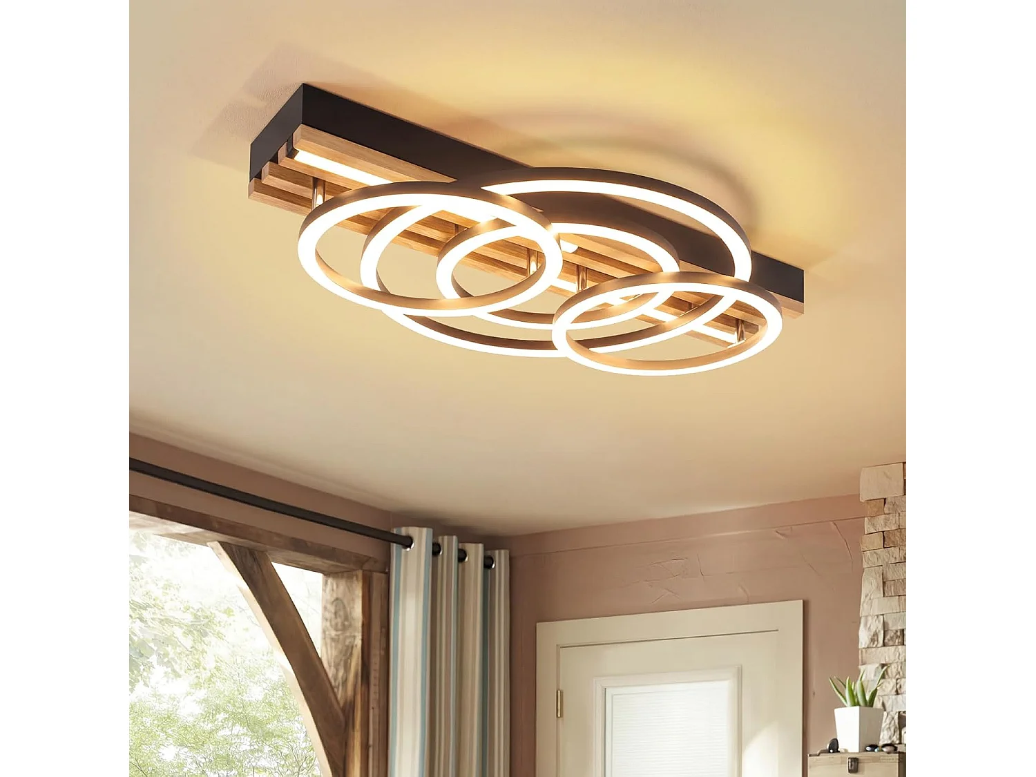 ZMH Plafonnier LED Dimmable 60W Noir Design Anneau Géométrique Effet Bois 50cm Pour Salon Chambre Cuisine Bureau