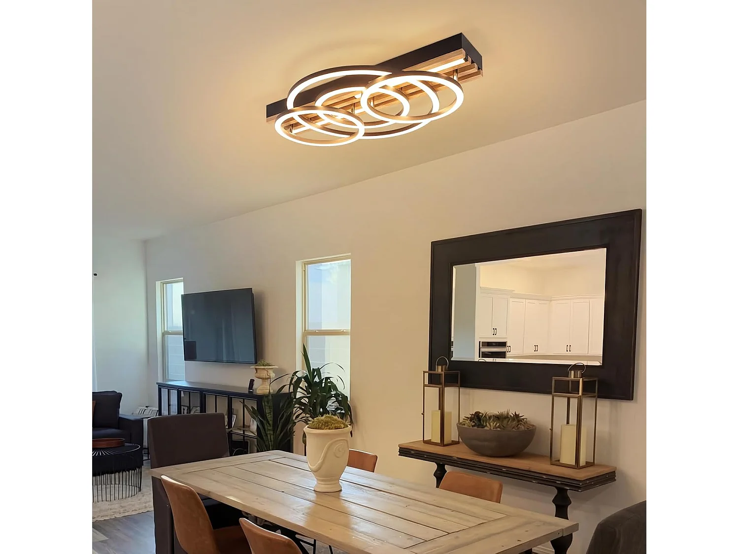 ZMH Plafonnier LED Dimmable 60W Noir Design Anneau Géométrique Effet Bois 50cm Pour Salon Chambre Cuisine Bureau