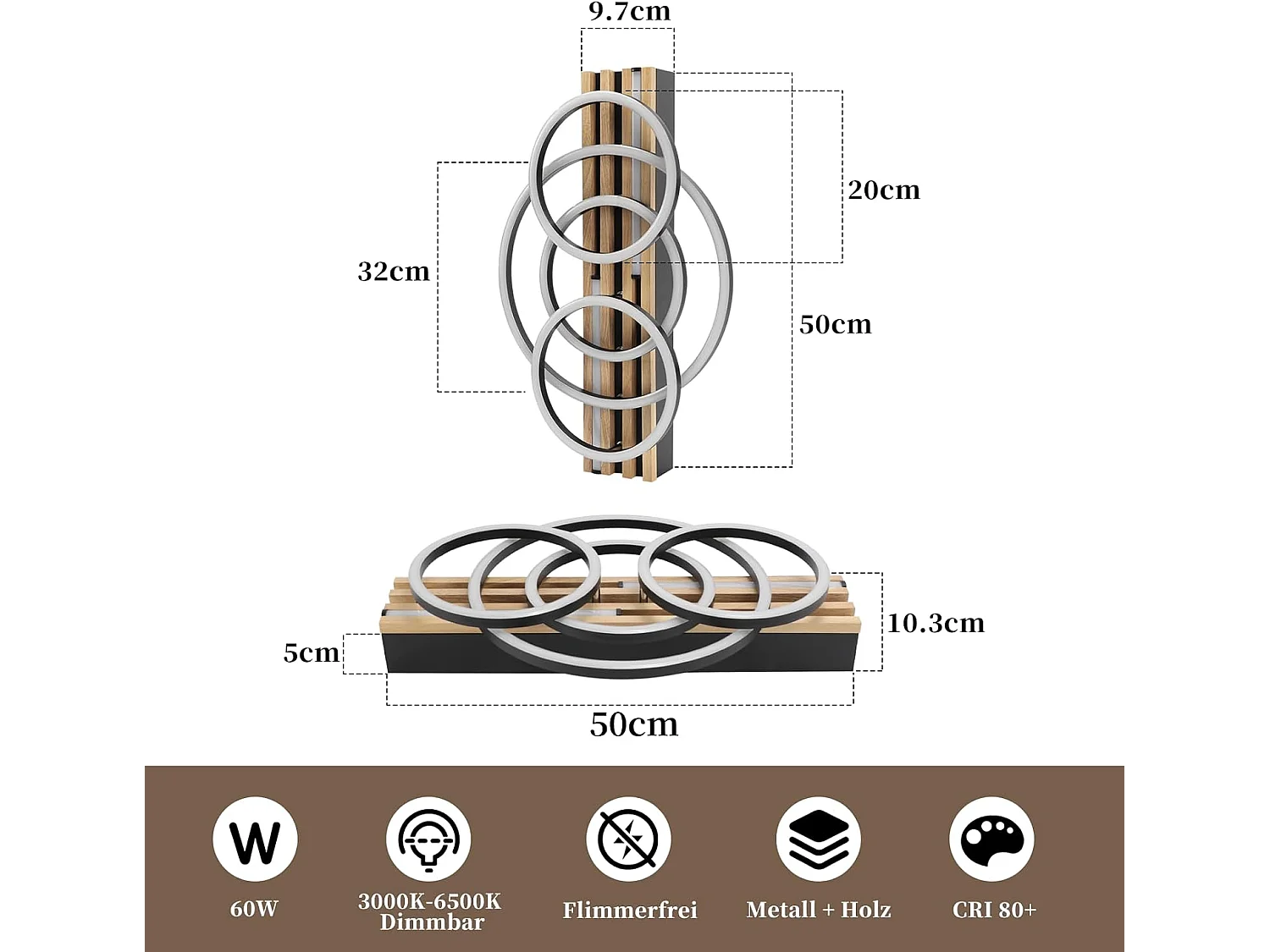 ZMH Plafonnier LED Dimmable 60W Noir Design Anneau Géométrique Effet Bois 50cm Pour Salon Chambre Cuisine Bureau
