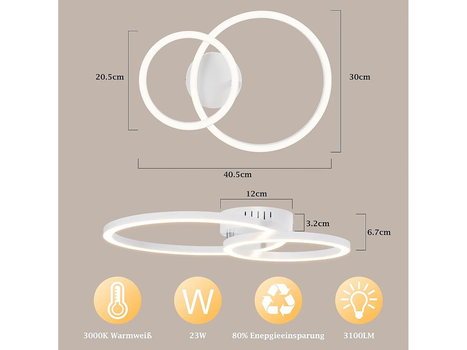 ZMH Plafonnier LED 23W blanc 3000K blanc chaud design moderne à 2 anneaux pour salon ou chambre ou couloir