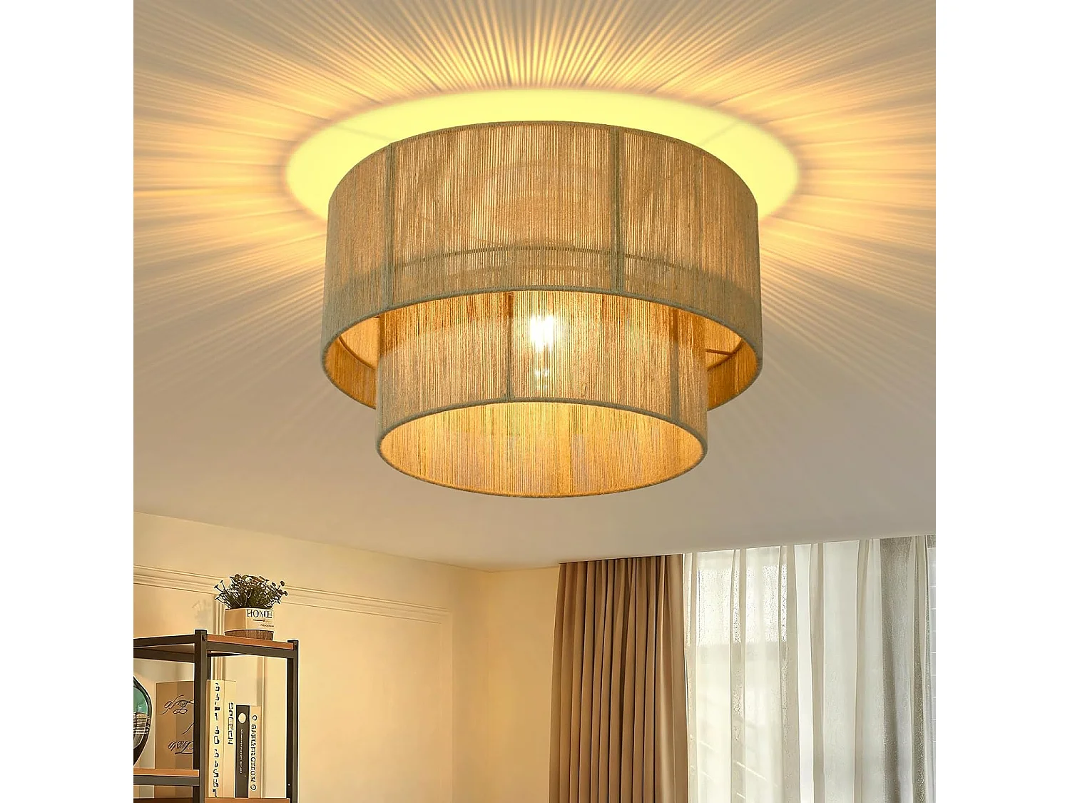 ZMH Plafonnier jaune E27 plafonnier de chambre style rétro fabriqué en corde de jute naturelle convient aux salons cuisines et couloirs (sans Ampoule)