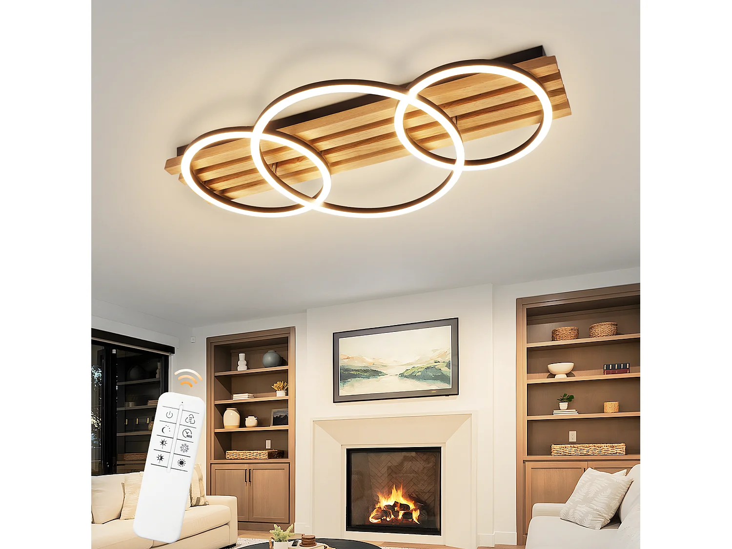 ZMH Plafonnier LED dimmable en bois : 70cm, 46W, 3 anneaux, design moderne, noir, avec télécommande pour salon