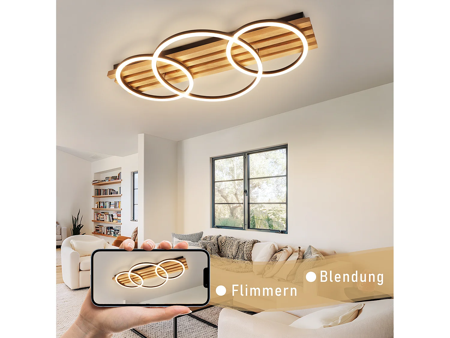 ZMH Plafonnier LED dimmable en bois : 70cm, 46W, 3 anneaux, design moderne, noir, avec télécommande pour salon