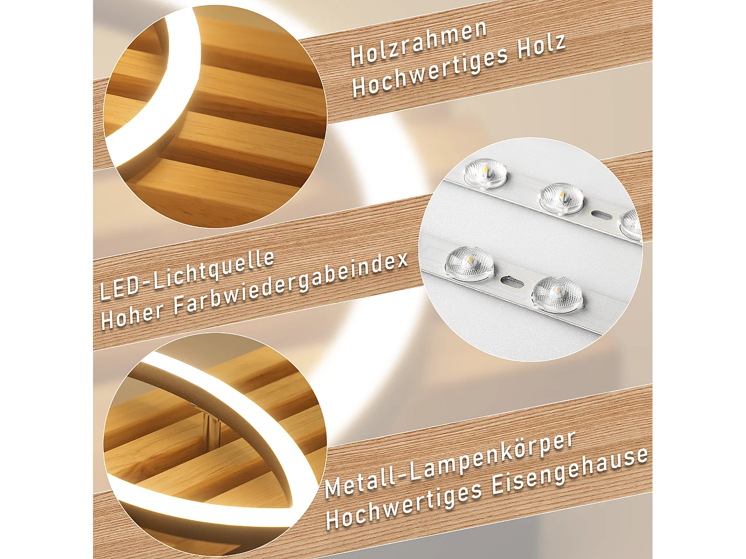 ZMH Plafonnier LED dimmable en bois : 70cm, 46W, 3 anneaux, design moderne, noir, avec télécommande pour salon