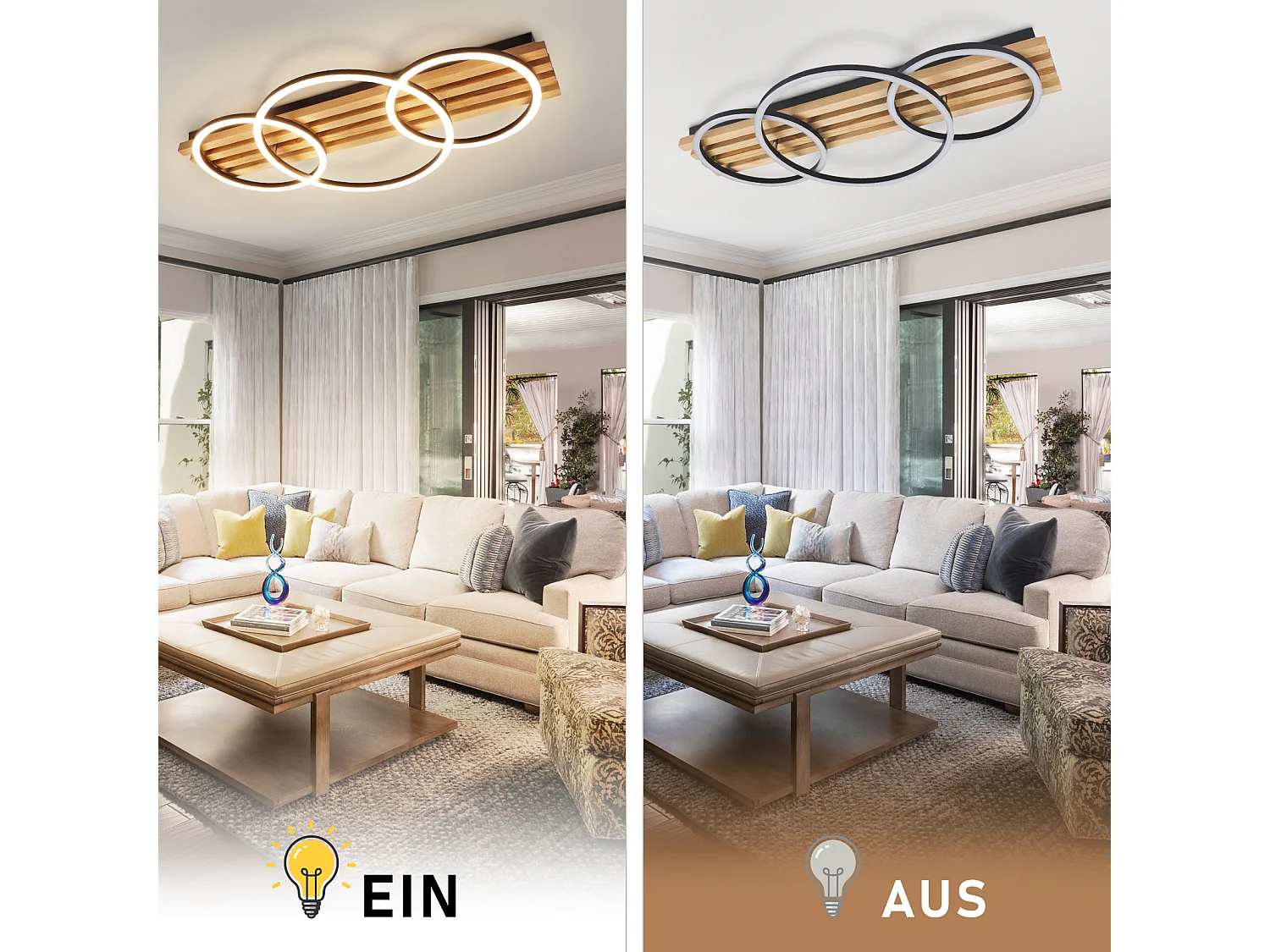 ZMH Plafonnier LED dimmable en bois : 70cm, 46W, 3 anneaux, design moderne, noir, avec télécommande pour salon