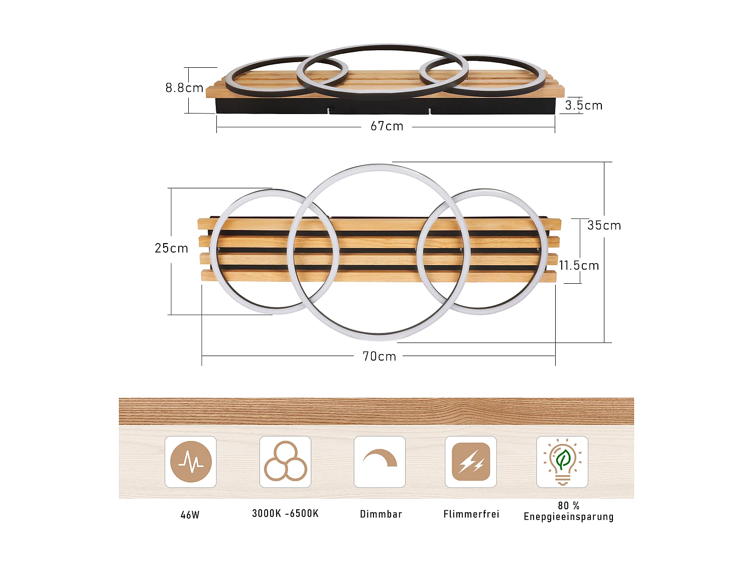 ZMH Plafonnier LED dimmable en bois : 70cm, 46W, 3 anneaux, design moderne, noir, avec télécommande pour salon