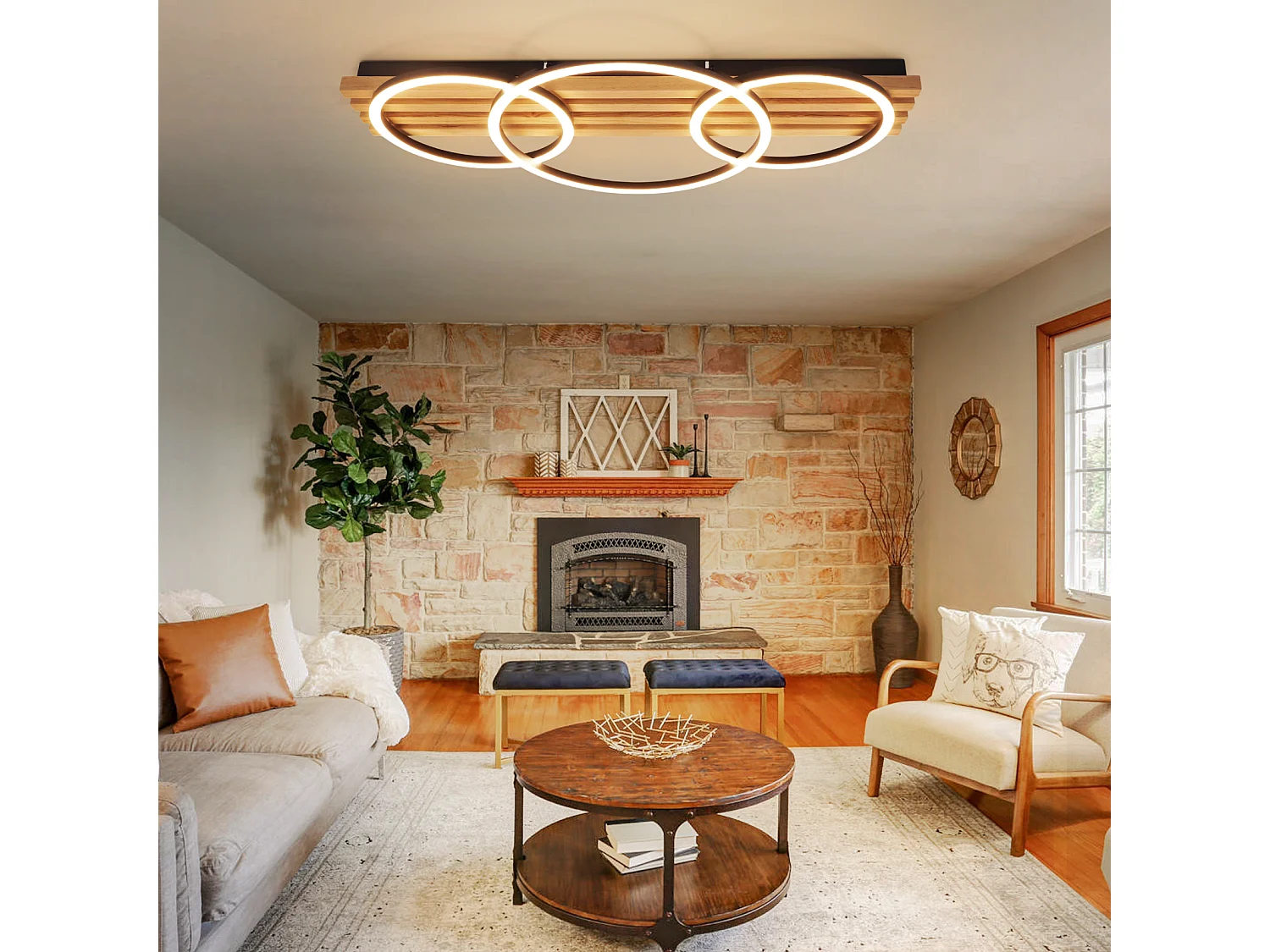 ZMH Plafonnier LED dimmable en bois : 70cm, 46W, 3 anneaux, design moderne, noir, avec télécommande pour salon