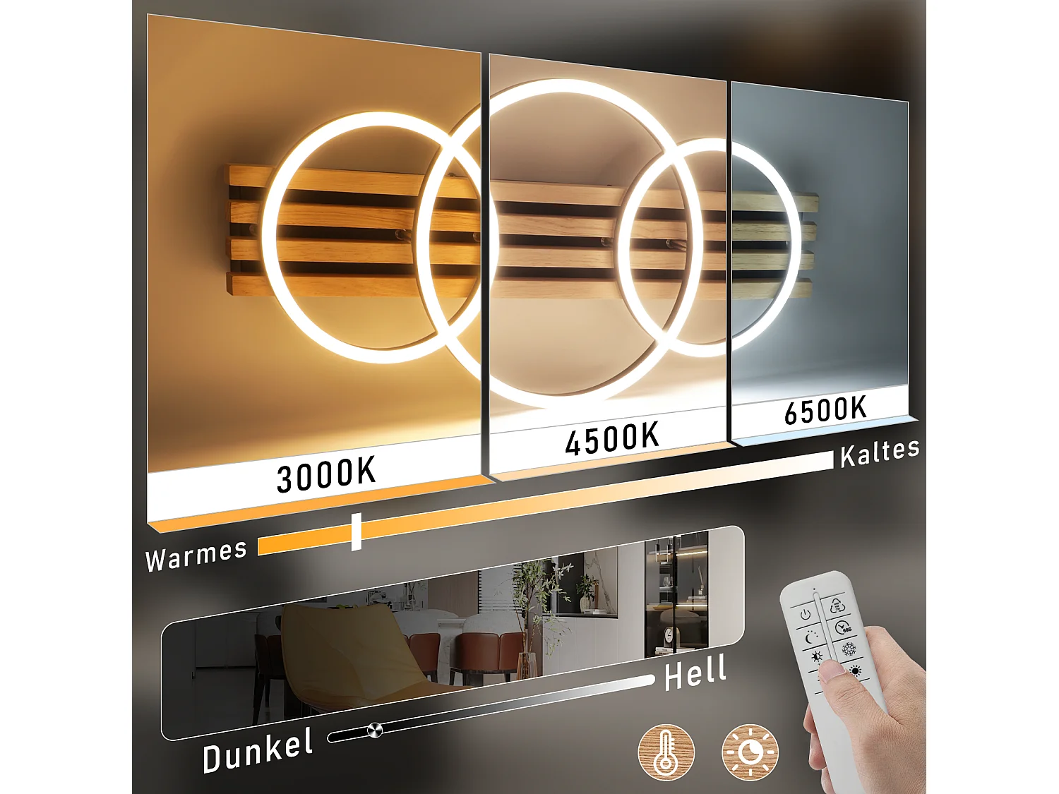 ZMH Plafonnier LED dimmable en bois : 70cm, 46W, 3 anneaux, design moderne, noir, avec télécommande pour salon