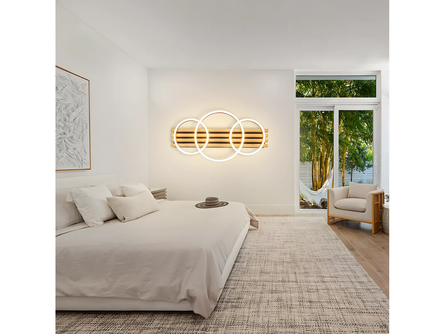 ZMH Plafonnier LED dimmable en bois : 70cm, 46W, 3 anneaux, design moderne, noir, avec télécommande pour salon