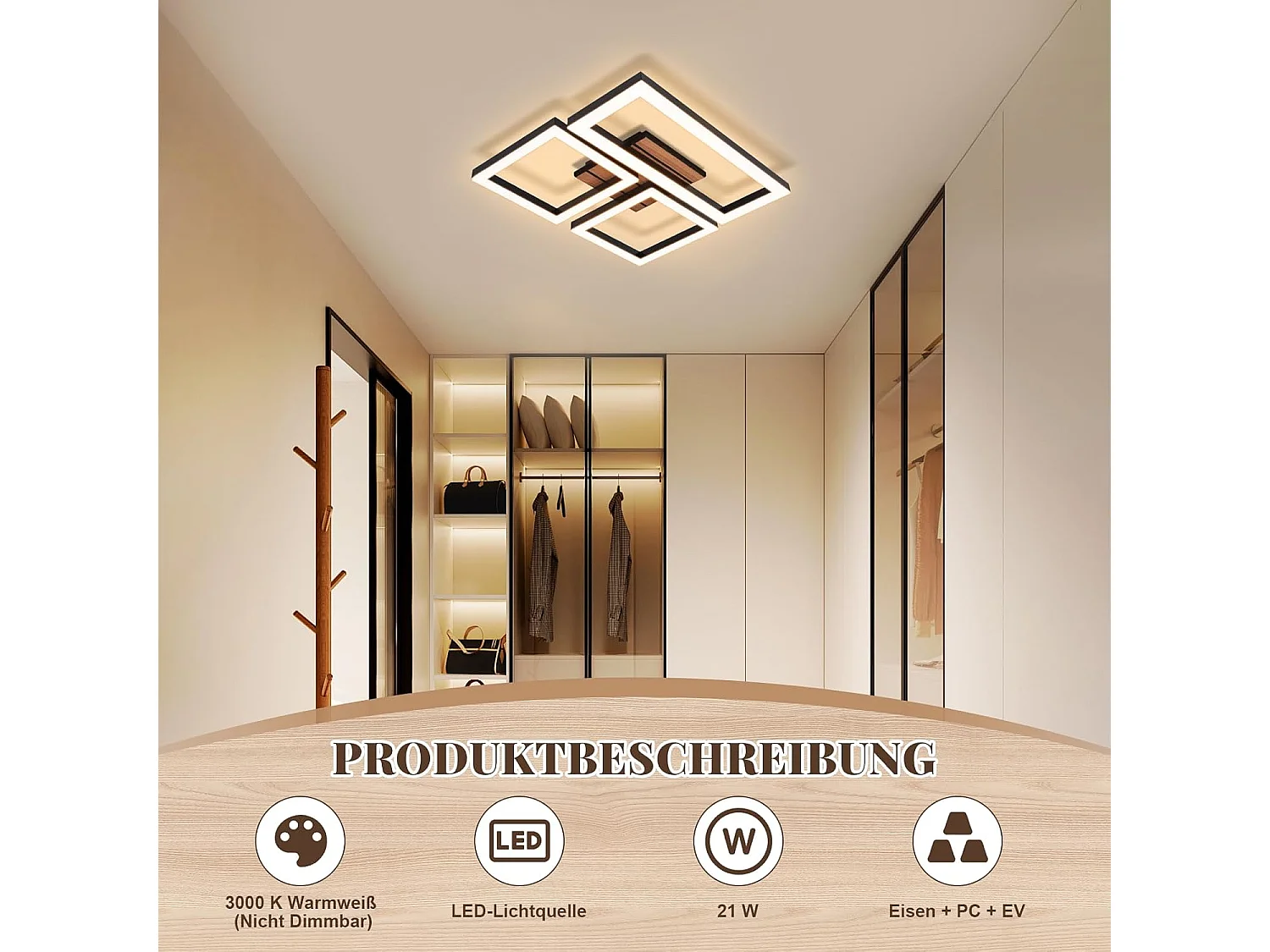 ZMH Plafonnier LED 21W Noir Design Moderne Effet Bois 3000K Blanc Chaud Pour Salon Chambre Cuisine Bureau