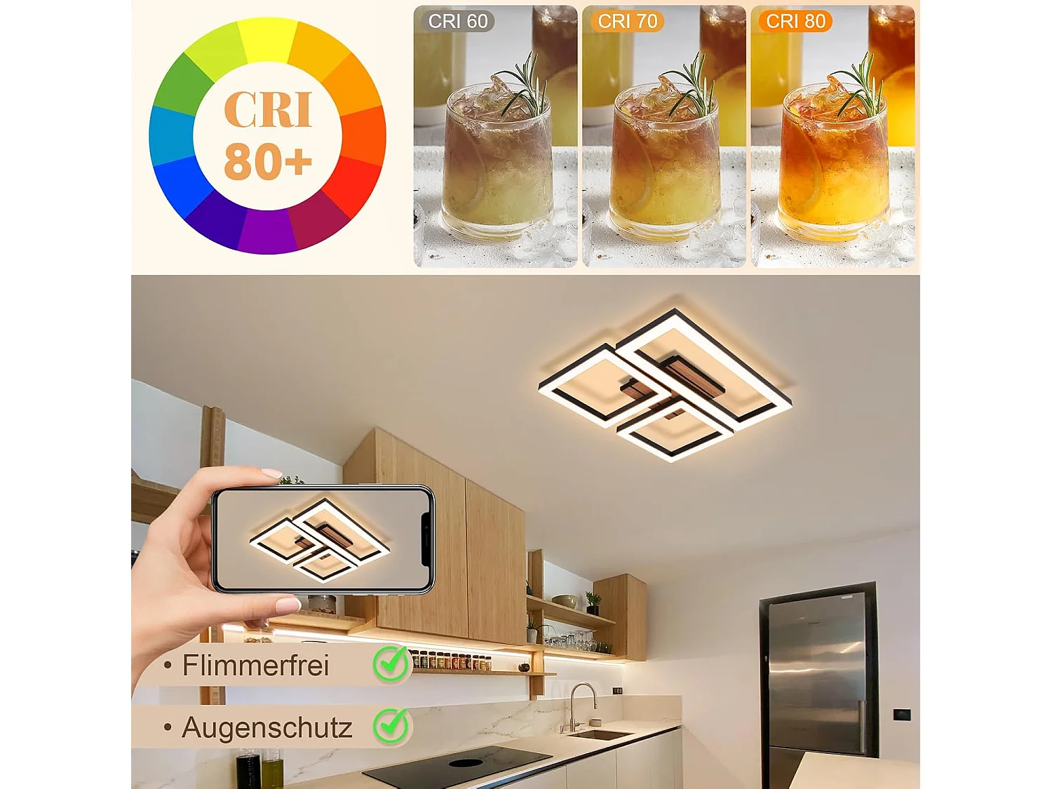 ZMH Plafonnier LED 21W Noir Design Moderne Effet Bois 3000K Blanc Chaud Pour Salon Chambre Cuisine Bureau