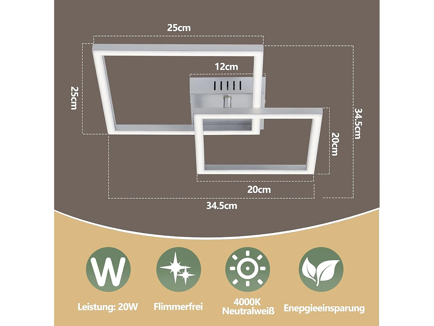 ZMH Plafonnier LED argenté 20W 4000K plafonnier salon carrée moderne lampe de chambre pour couloir bureau