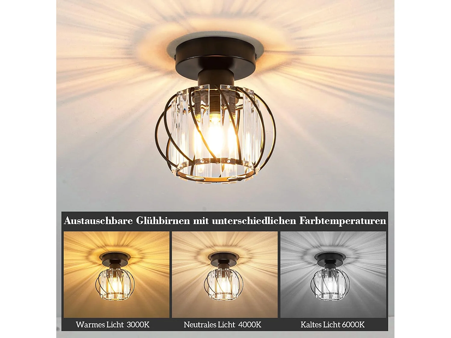 ZMH Plafonnier Moderne Noir en Cristal E27 pour Intérieur Éclairage Vintage