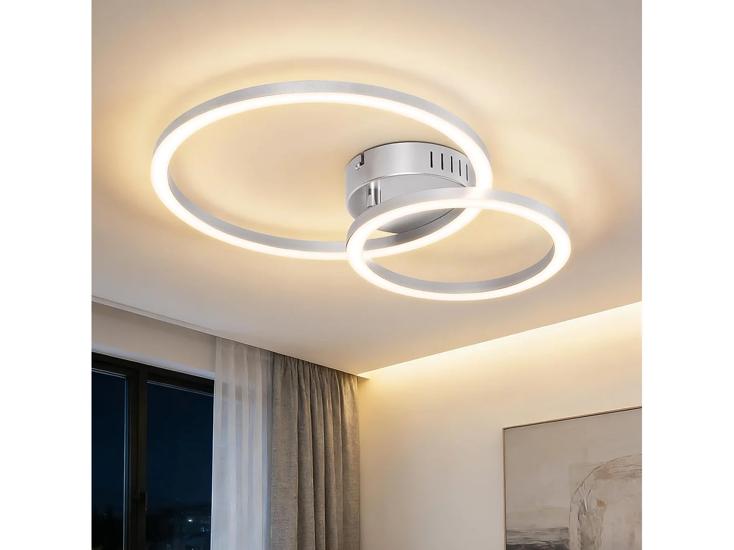 ZMH Plafonnier LED 23W argent 3000K blanc chaud design moderne à 2 anneaux pour salon ou chambre ou couloir