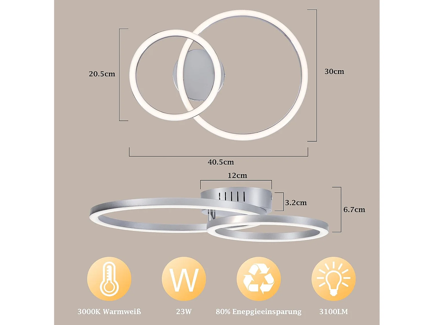 ZMH Plafonnier LED 23W argent 3000K blanc chaud design moderne à 2 anneaux pour salon ou chambre ou couloir
