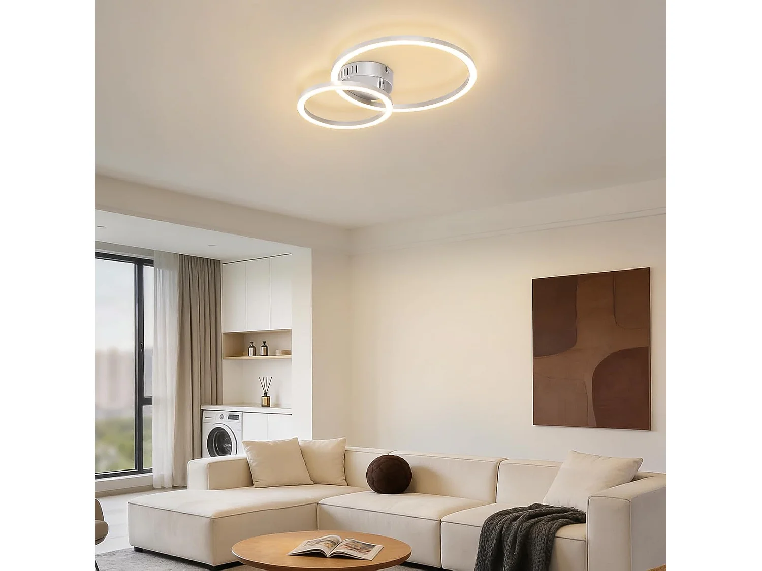 ZMH Plafonnier LED 23W argent 3000K blanc chaud design moderne à 2 anneaux pour salon ou chambre ou couloir