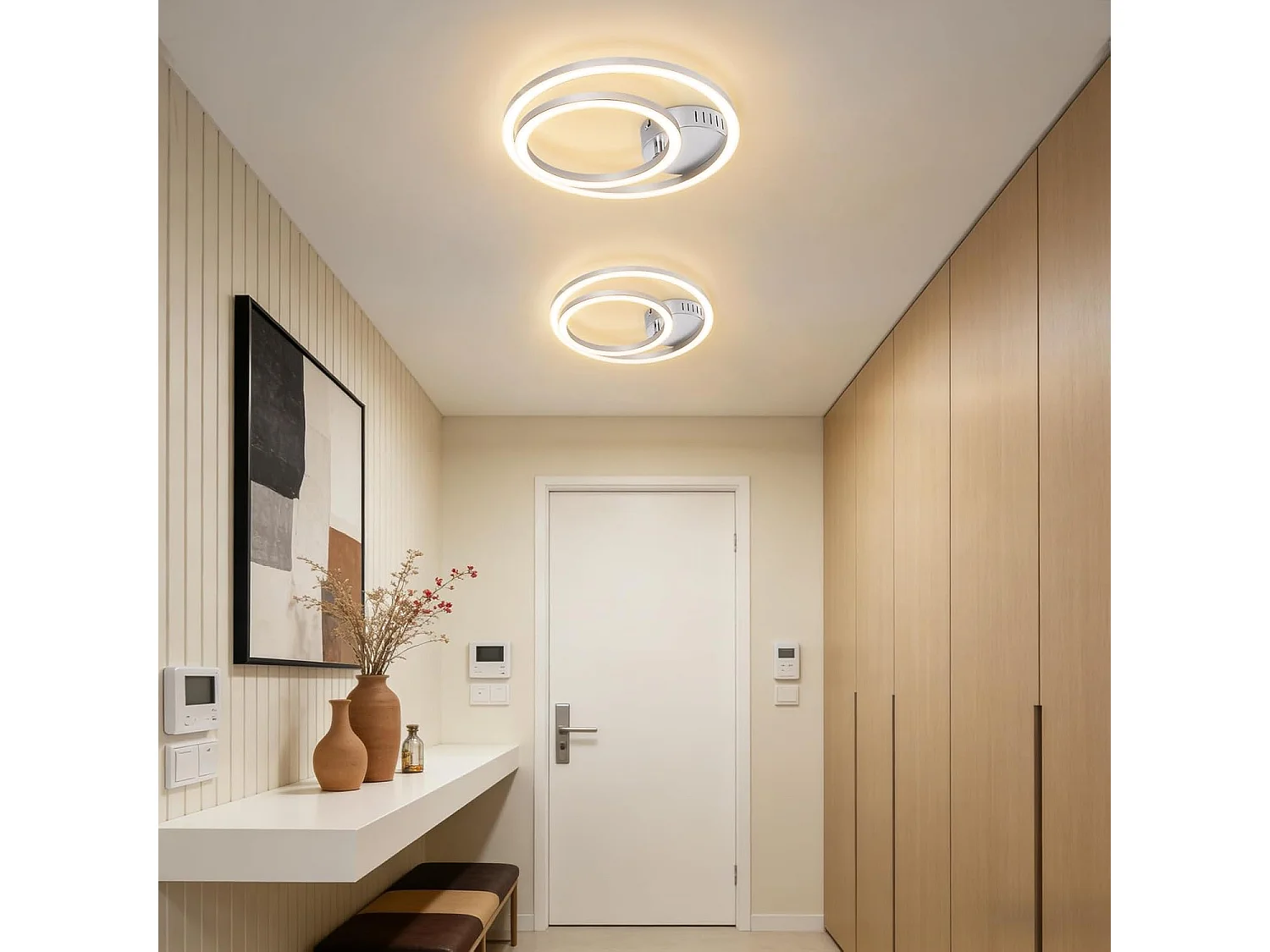 ZMH Plafonnier LED 23W argent 3000K blanc chaud design moderne à 2 anneaux pour salon ou chambre ou couloir