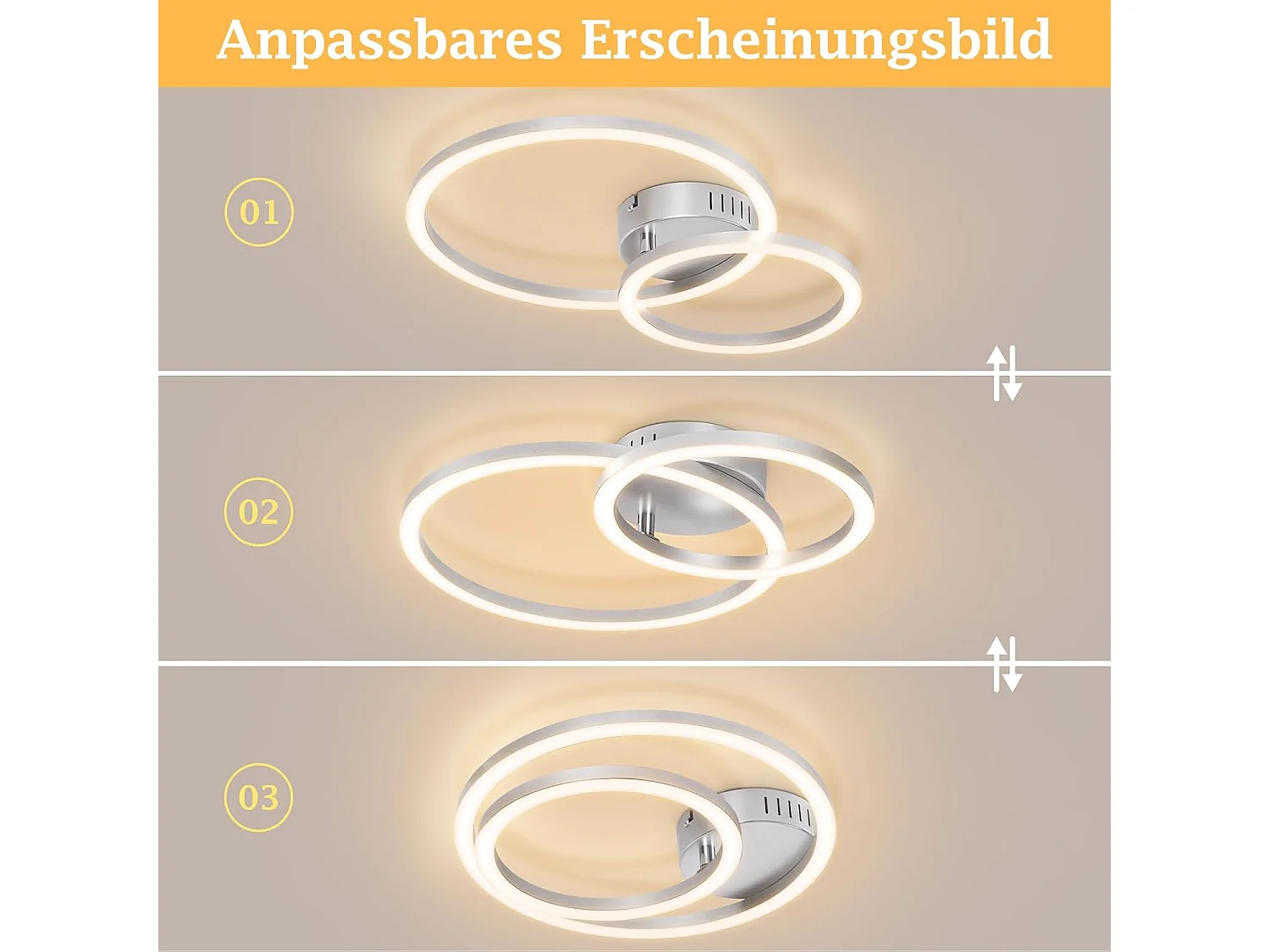 ZMH Plafonnier LED 23W argent 3000K blanc chaud design moderne à 2 anneaux pour salon ou chambre ou couloir