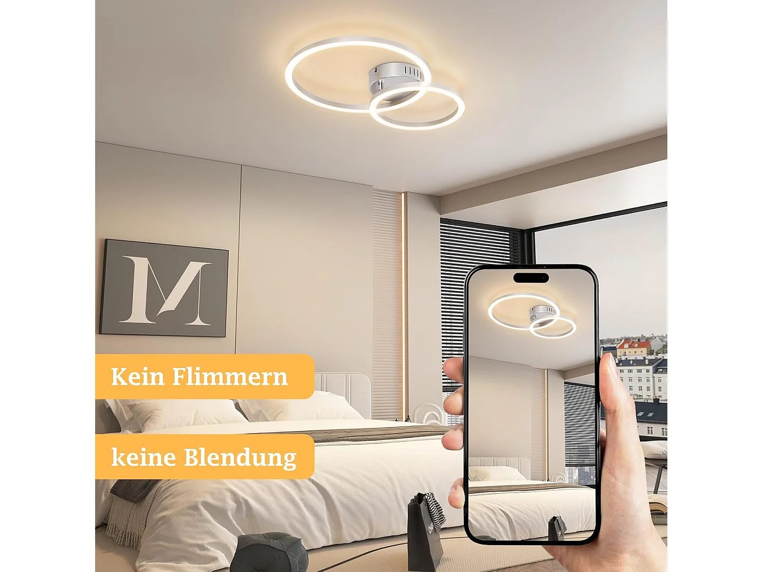 ZMH Plafonnier LED 23W argent 3000K blanc chaud design moderne à 2 anneaux pour salon ou chambre ou couloir