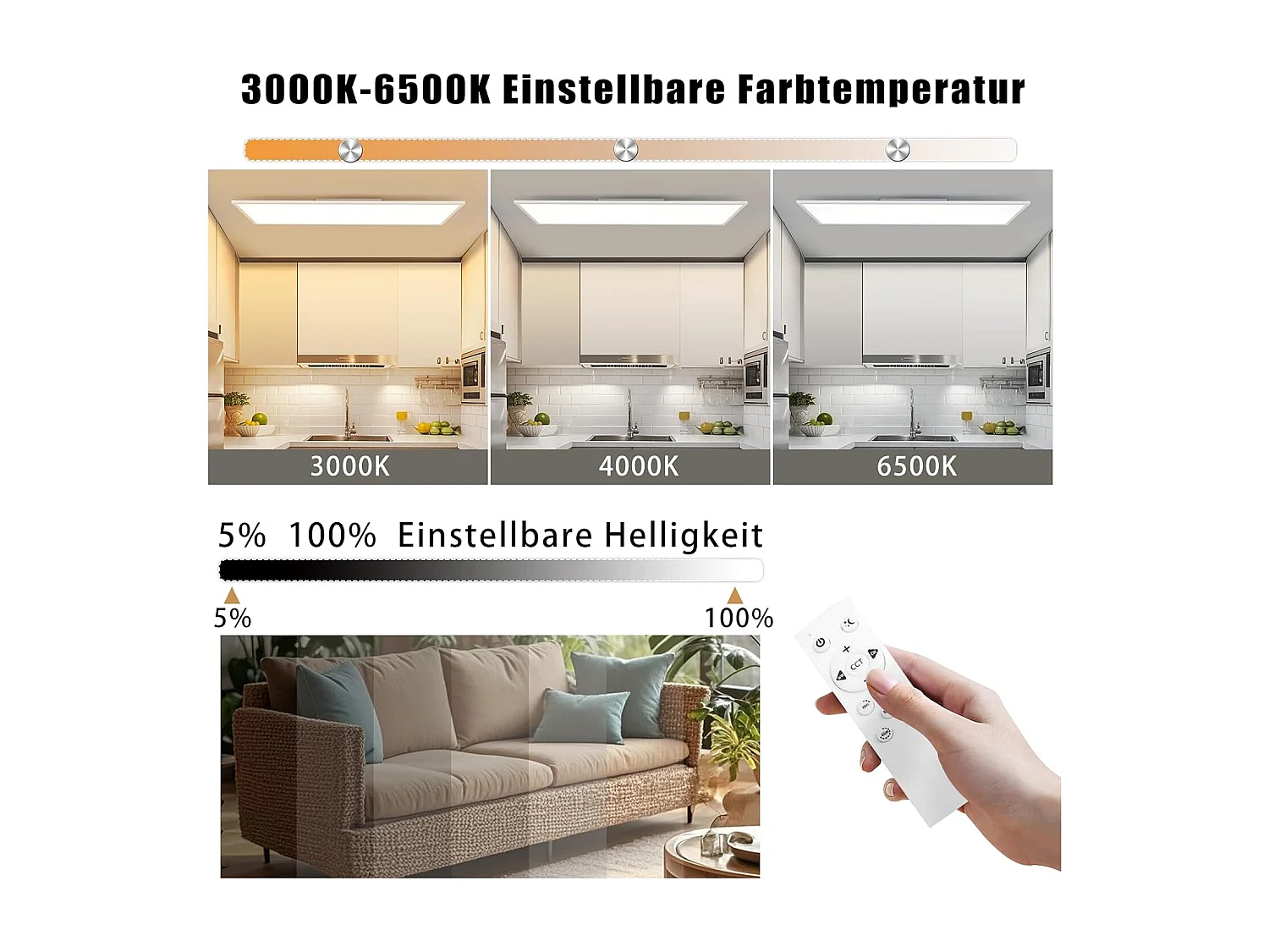 ZMH Panneau LED Plat Dimmable Blanc 24W avec Télécommande 100x25 cm Pour Bureau Atelier Cuisine Garage Couloir