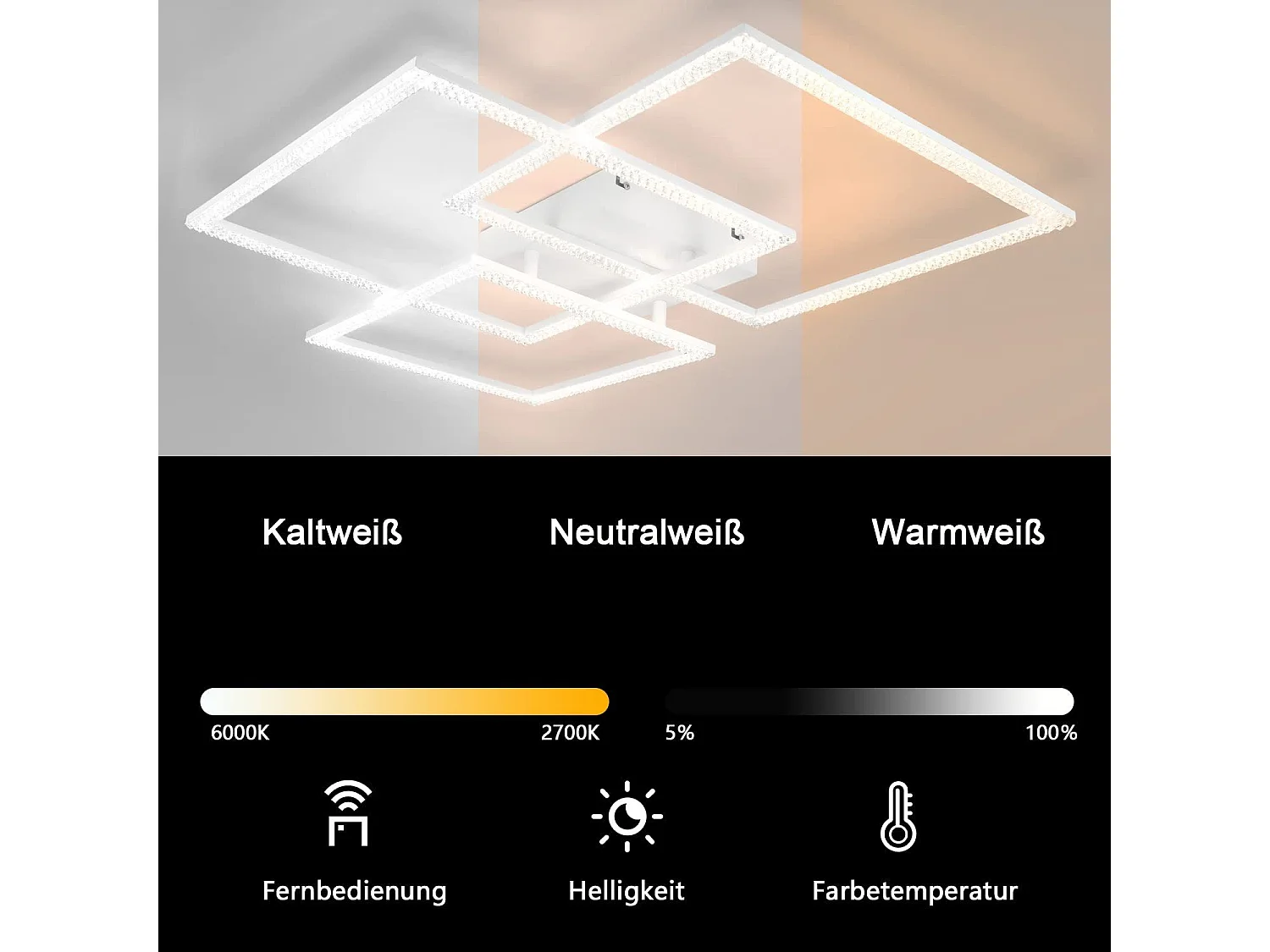 ZMH Plafonnier LED Design Carré en Cristal Blanc pour Salon avec Télécommande 82W