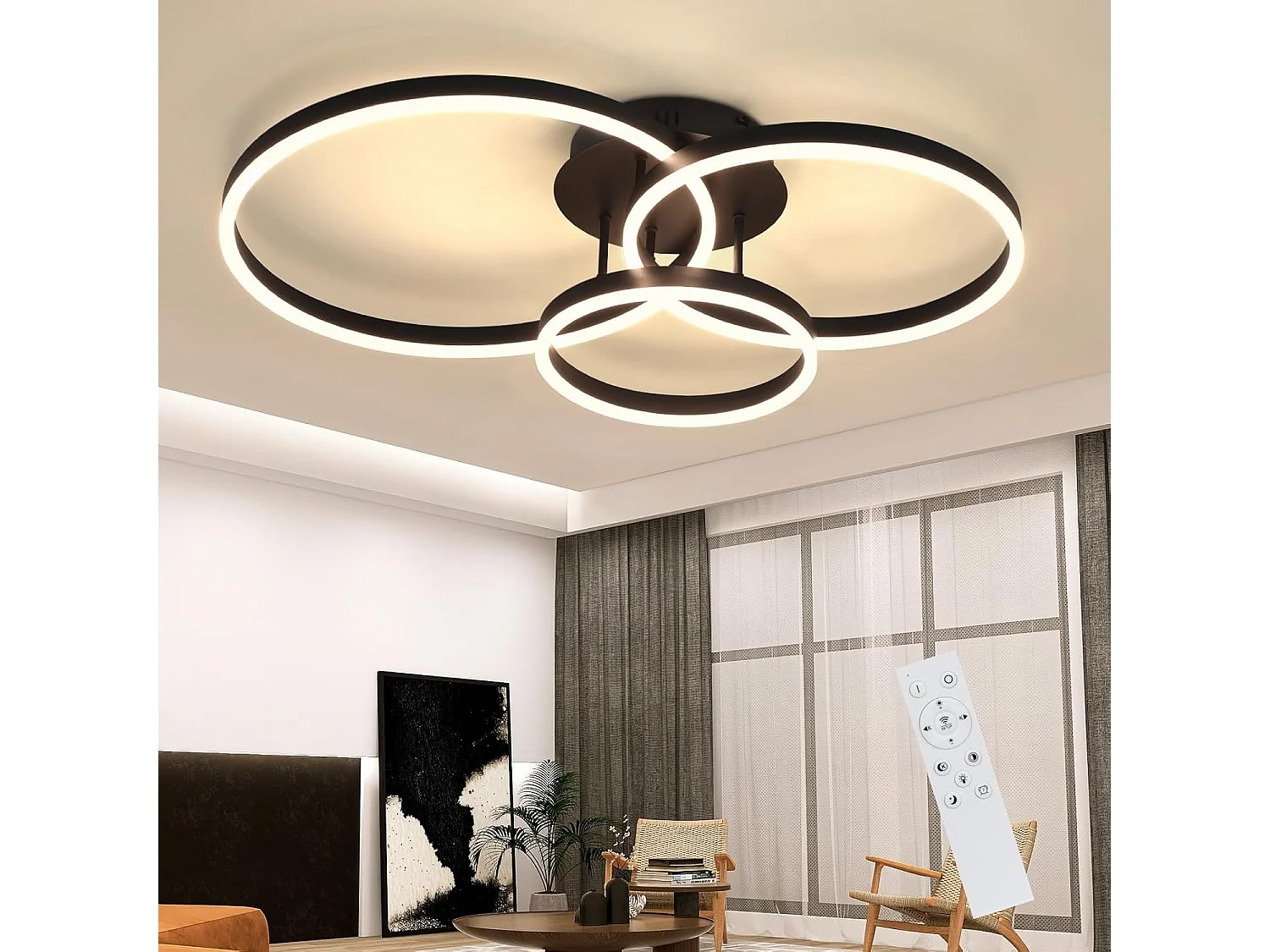 ZMH Plafonnier LED Dimmable 74W Triple Anneau Noir avec Télécommande D.82cm Pour Salon Chambre Cuisine Bureau