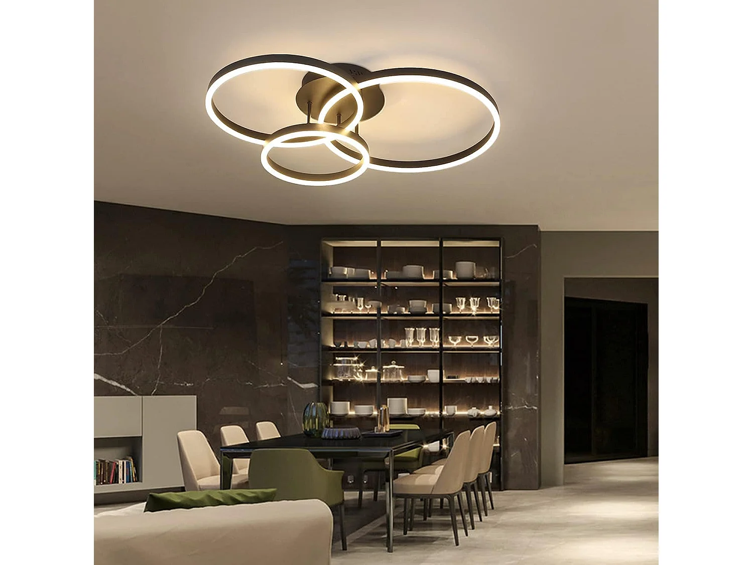 ZMH Plafonnier LED Dimmable 74W Triple Anneau Noir avec Télécommande D.82cm Pour Salon Chambre Cuisine Bureau