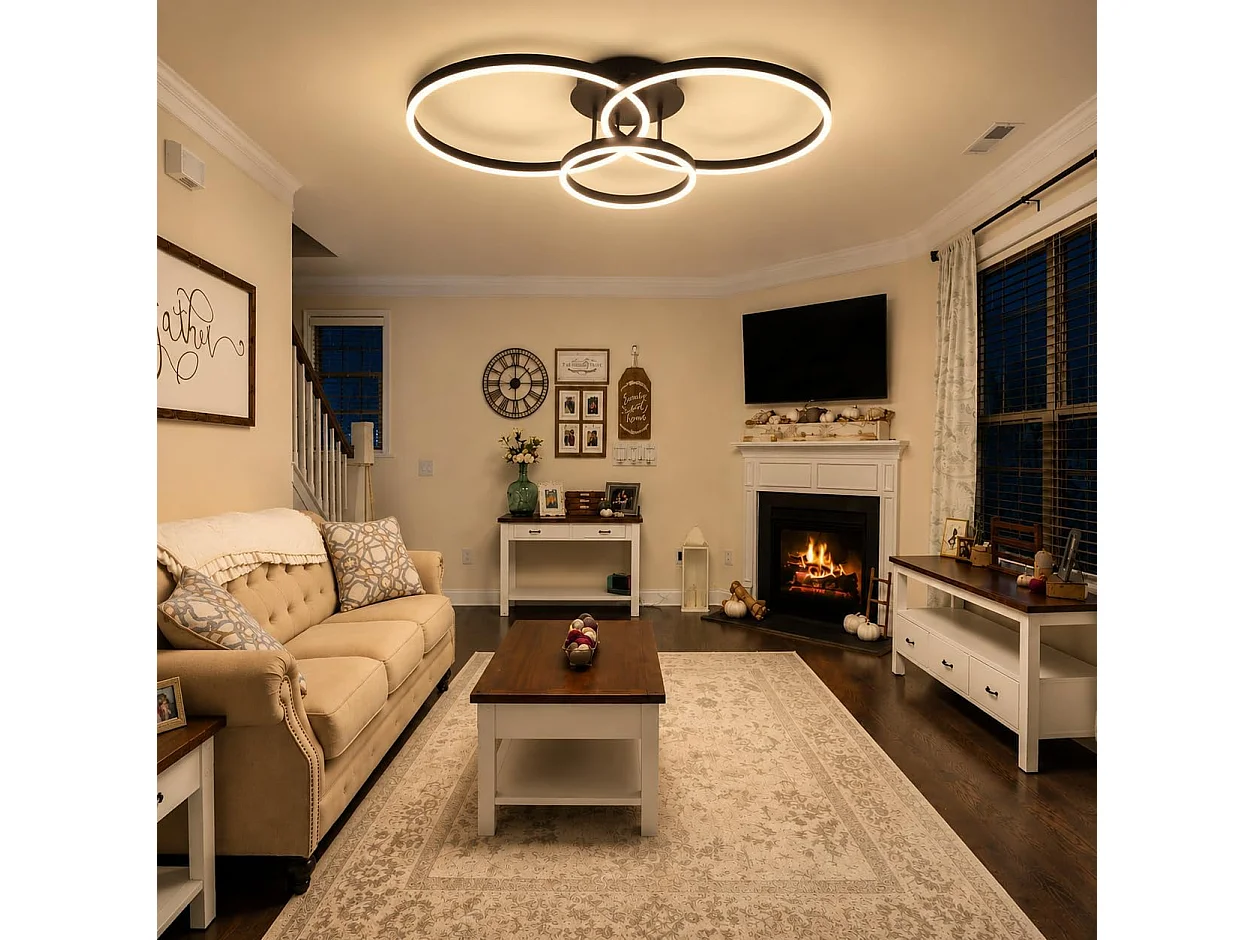 ZMH Plafonnier LED Dimmable 74W Triple Anneau Noir avec Télécommande D.82cm Pour Salon Chambre Cuisine Bureau