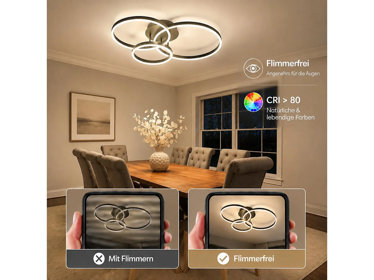 ZMH Plafonnier LED Dimmable 74W Triple Anneau Noir avec Télécommande D.82cm Pour Salon Chambre Cuisine Bureau