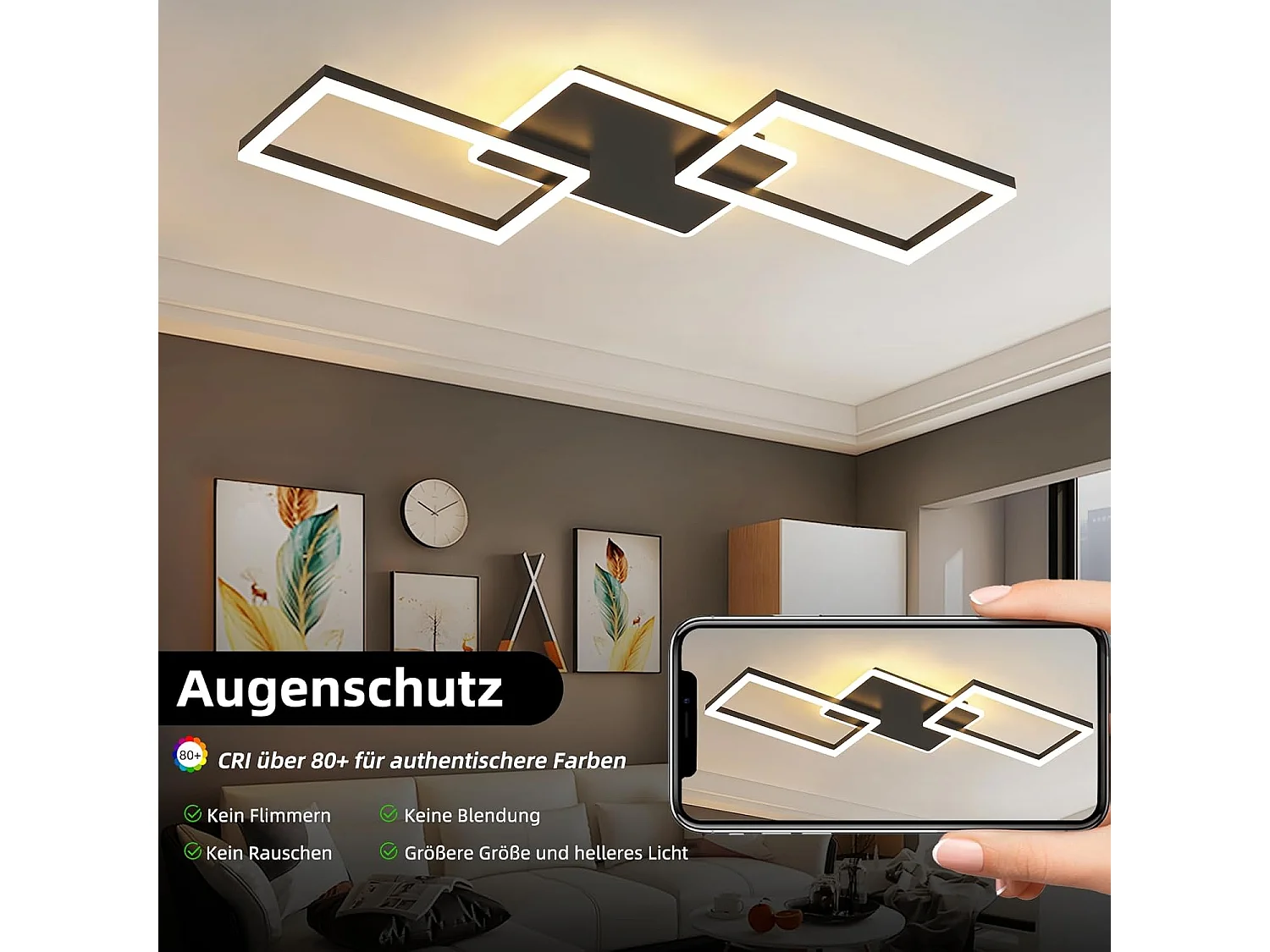 ZMH Plafonnier LED moderne 80 cm Noir lumière dimmable lampe de plafond télécommande 63W pour salon chambre