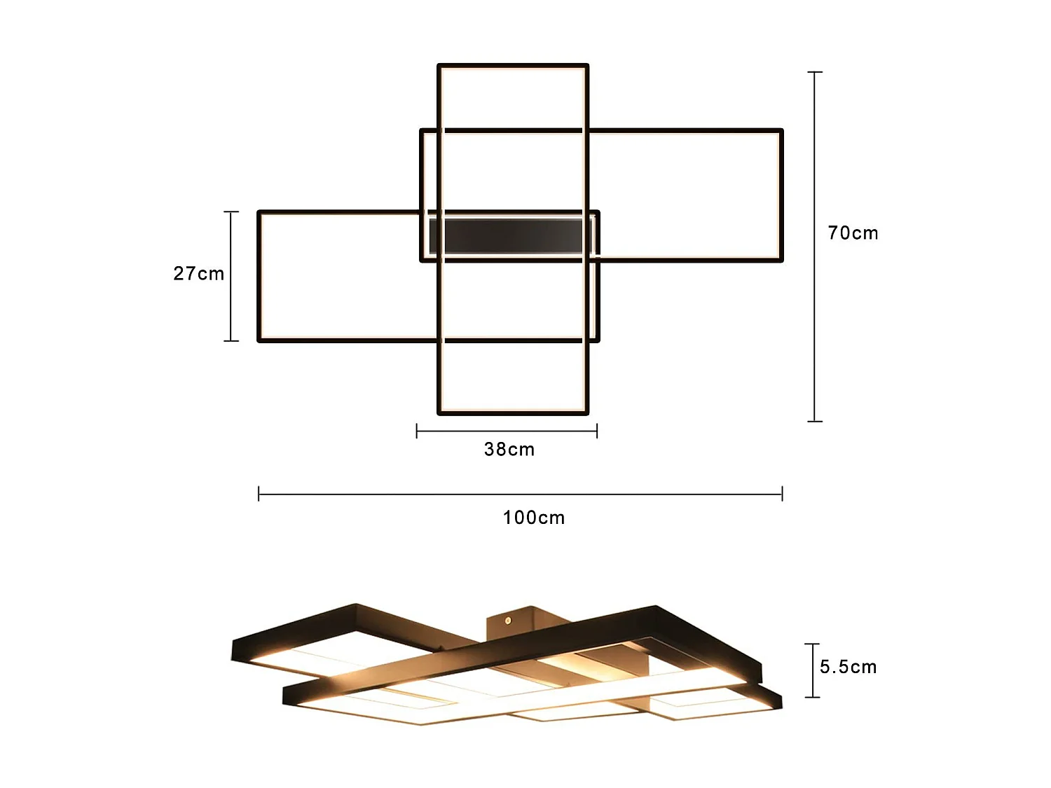 ZMH Plafonnier LED 3 Rectangulaire Moderne Géométrique Extension 65cm//100cm