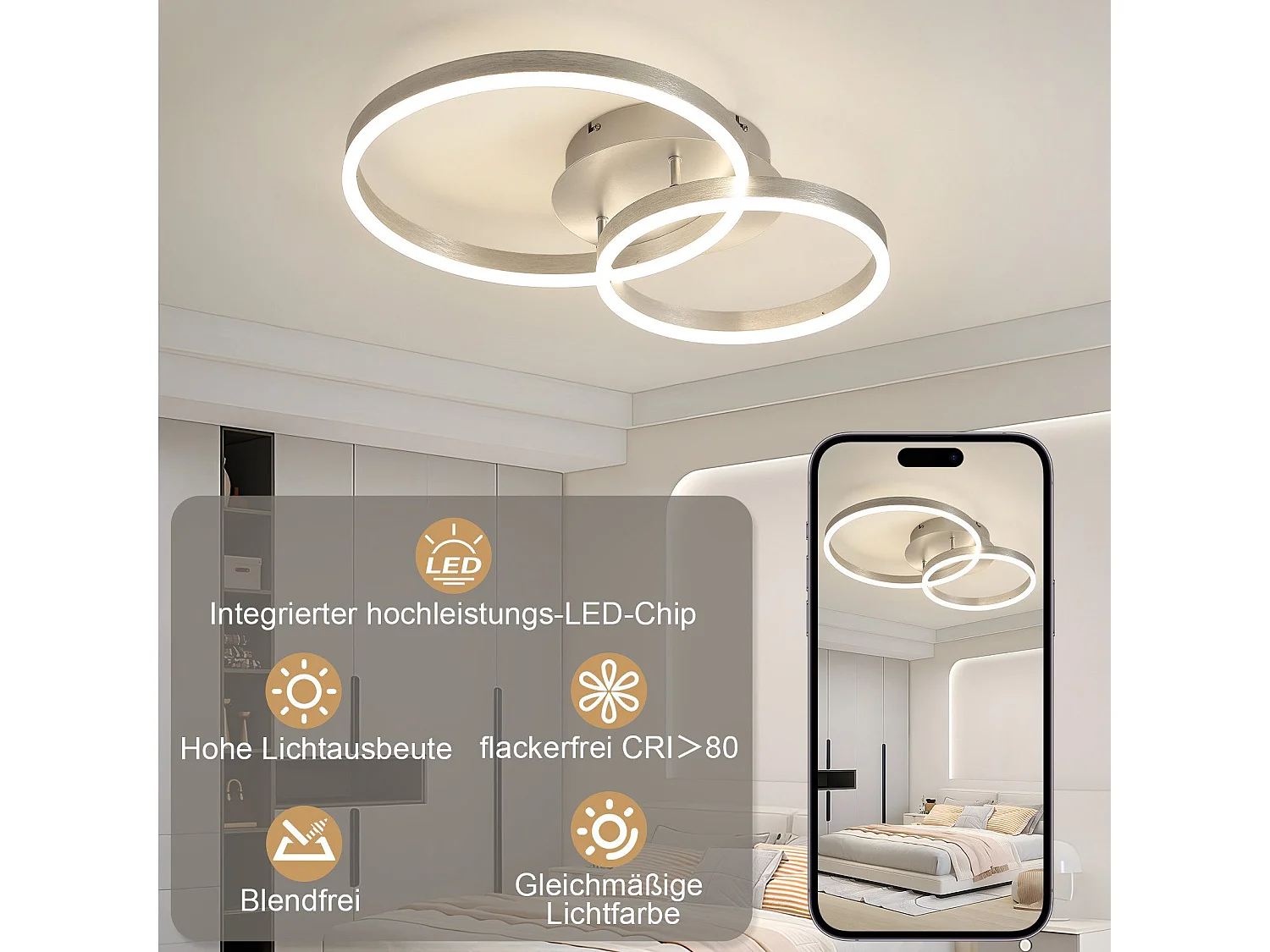 ZMH Plafonnier LED design moderne - Ø59 cm - Dimmable - Télécommande - Doré - 46W