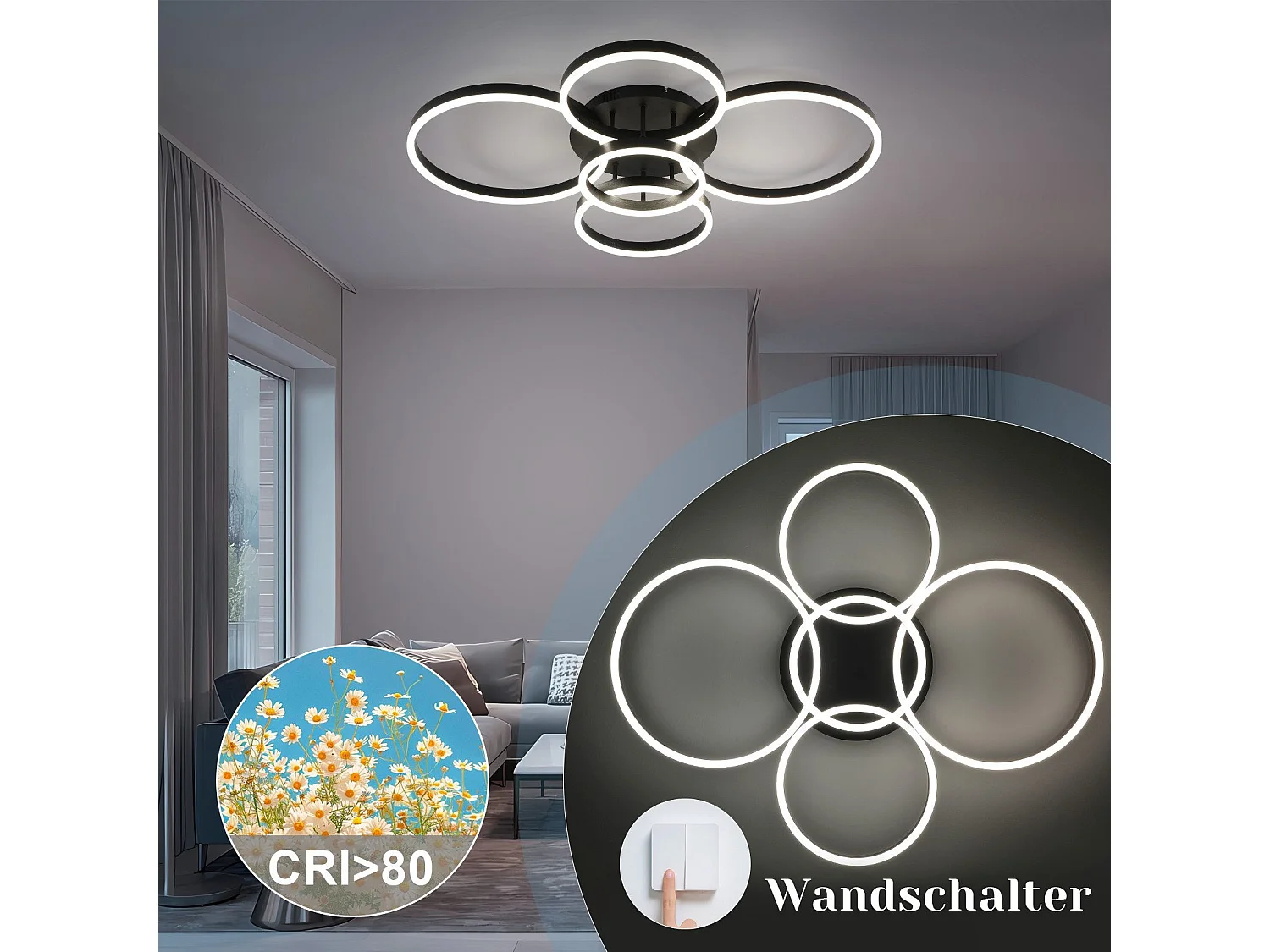 ZMH Plafonnier LED plafonnier salon : lampe de salon dimmable 78W avec télécommande 5 anneaux lampe de chambre noire